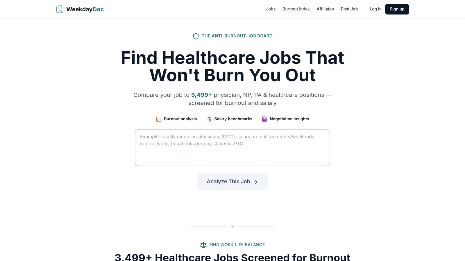 A screenshot of the WeekdayDoc website showing job listings with filters for schedule and burnout-friendliness.