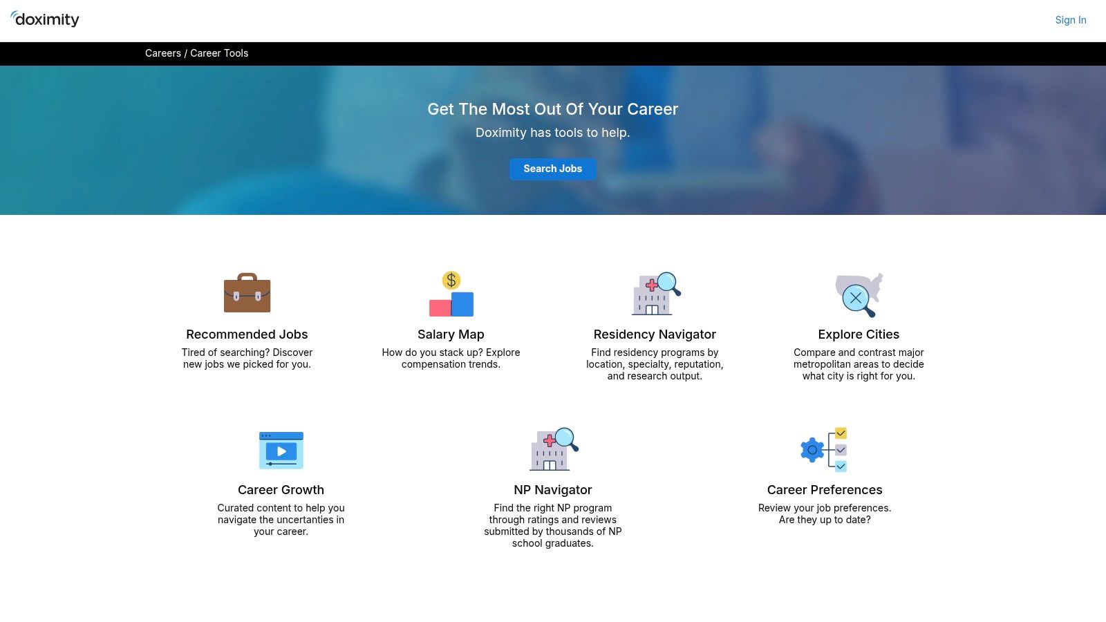 Doximity Career Navigator interface showing job search and salary map tools.
