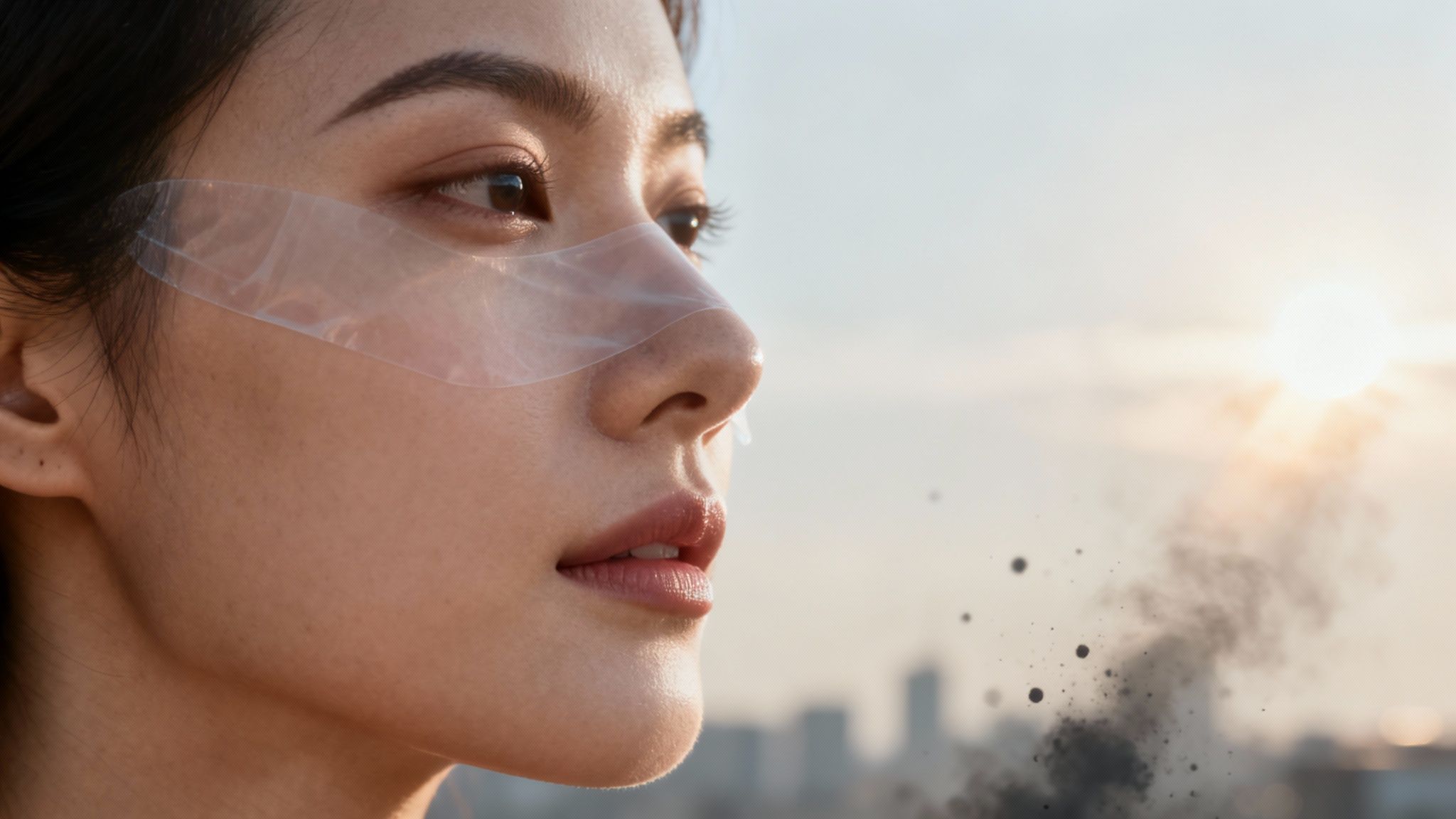 Woman with clear glowing skin protected from pollution and environmental damage by antioxidants