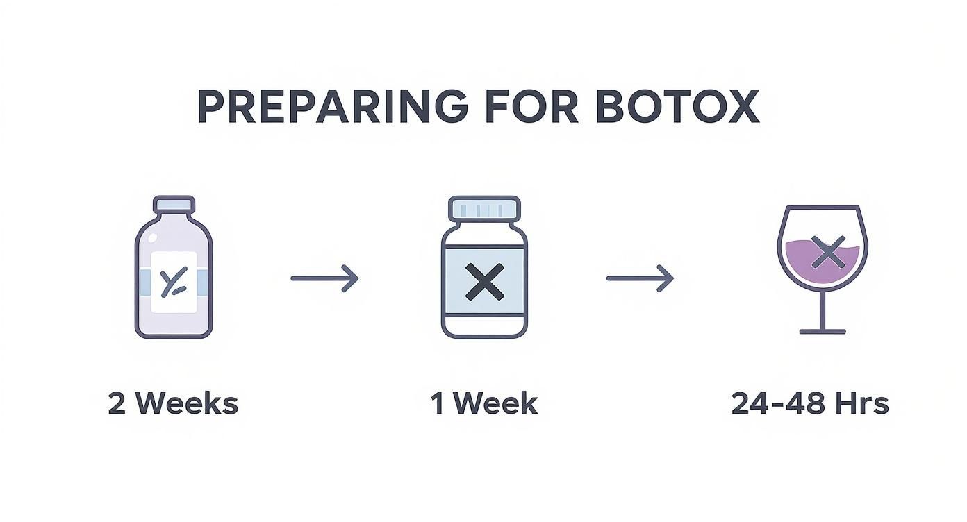 Infographic showing preparations for Botox: avoid specific medications weeks prior and alcohol 24-48 hours before.