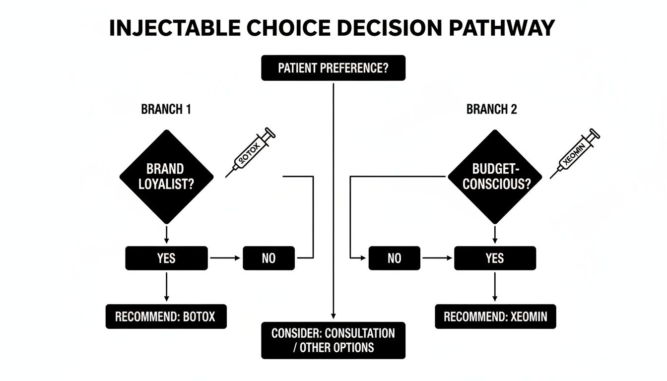 A flowchart illustrating injectable choice decisions, recommending Botox or Xeomin based on patient brand loyalty or budget.