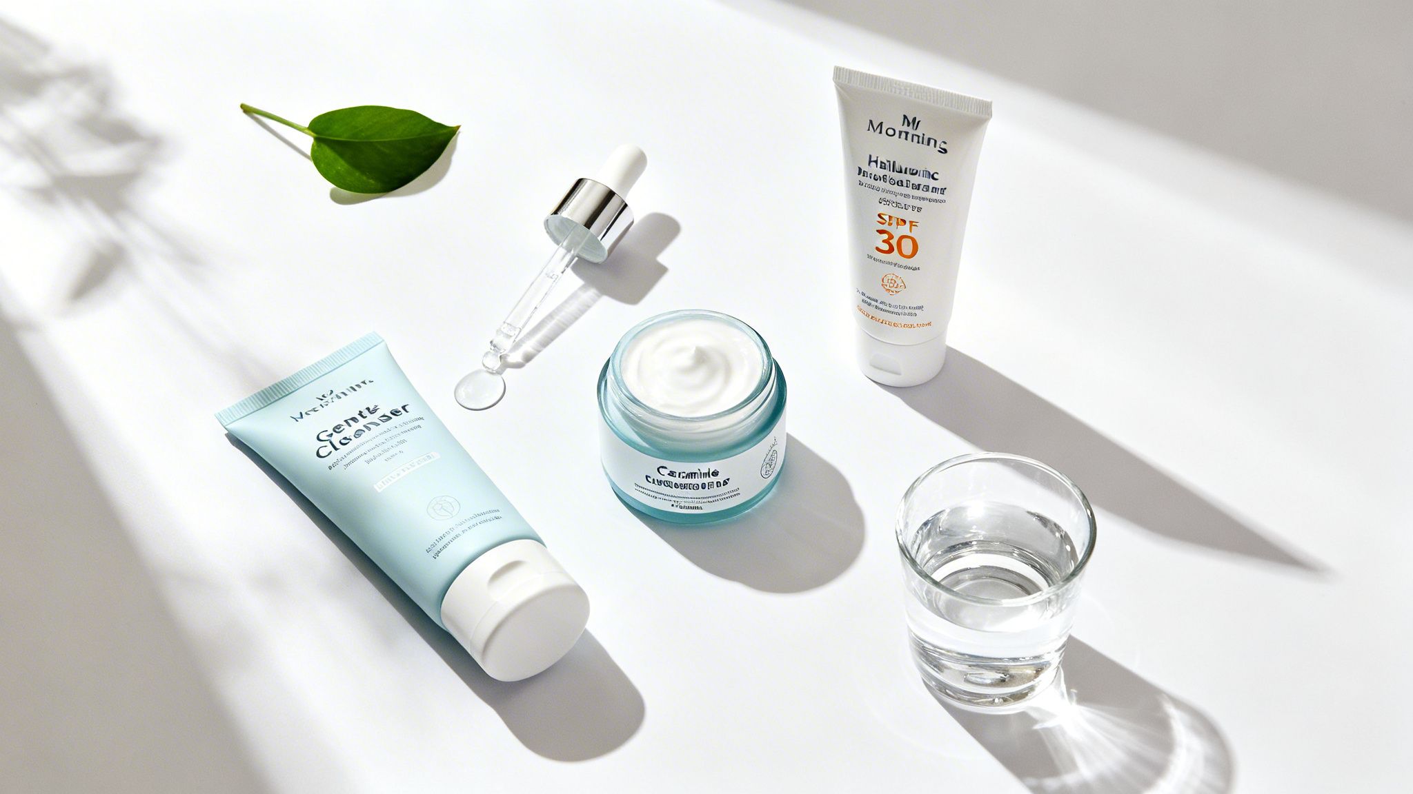 A flat lay of various skincare products, including a cleanser, cream, serum, and sunscreen, with a green leaf and a glass of water.