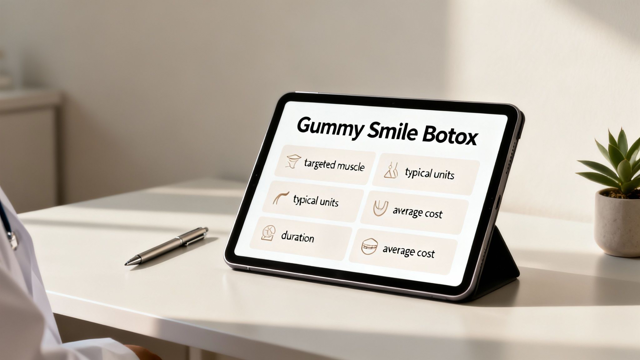 A doctor's tablet displays information about Gummy Smile Botox, showing details on muscle, units, cost, and duration.
