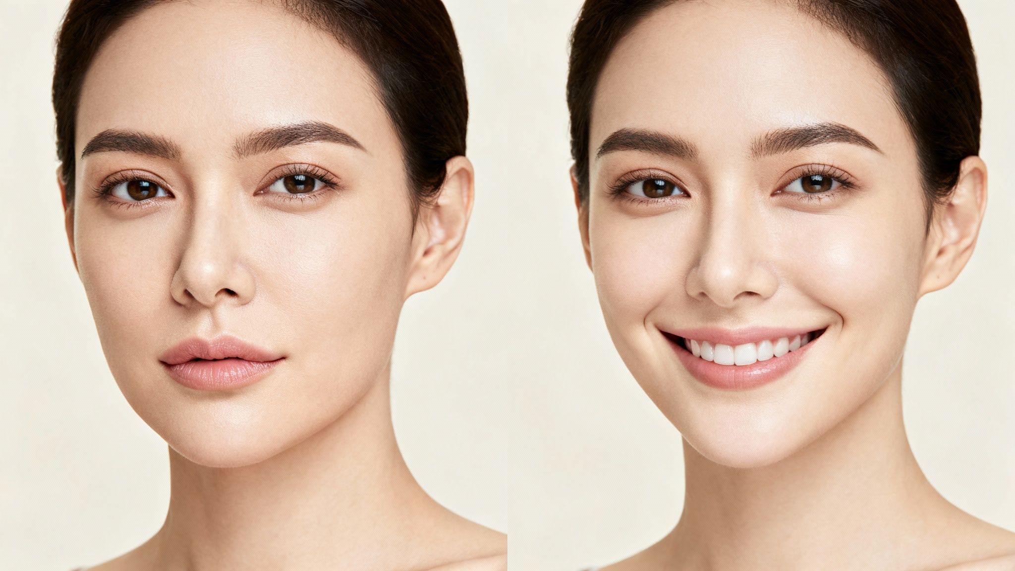 A beautiful woman with clear skin, shown in a split image, neutral on left, smiling on right.