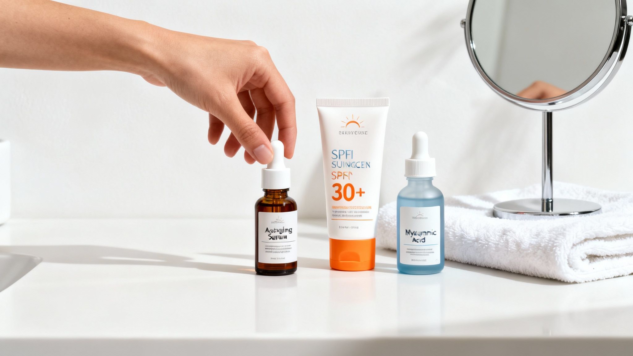A hand selects a brown serum bottle, part of a skincare routine including sunscreen and hyaluronic acid.