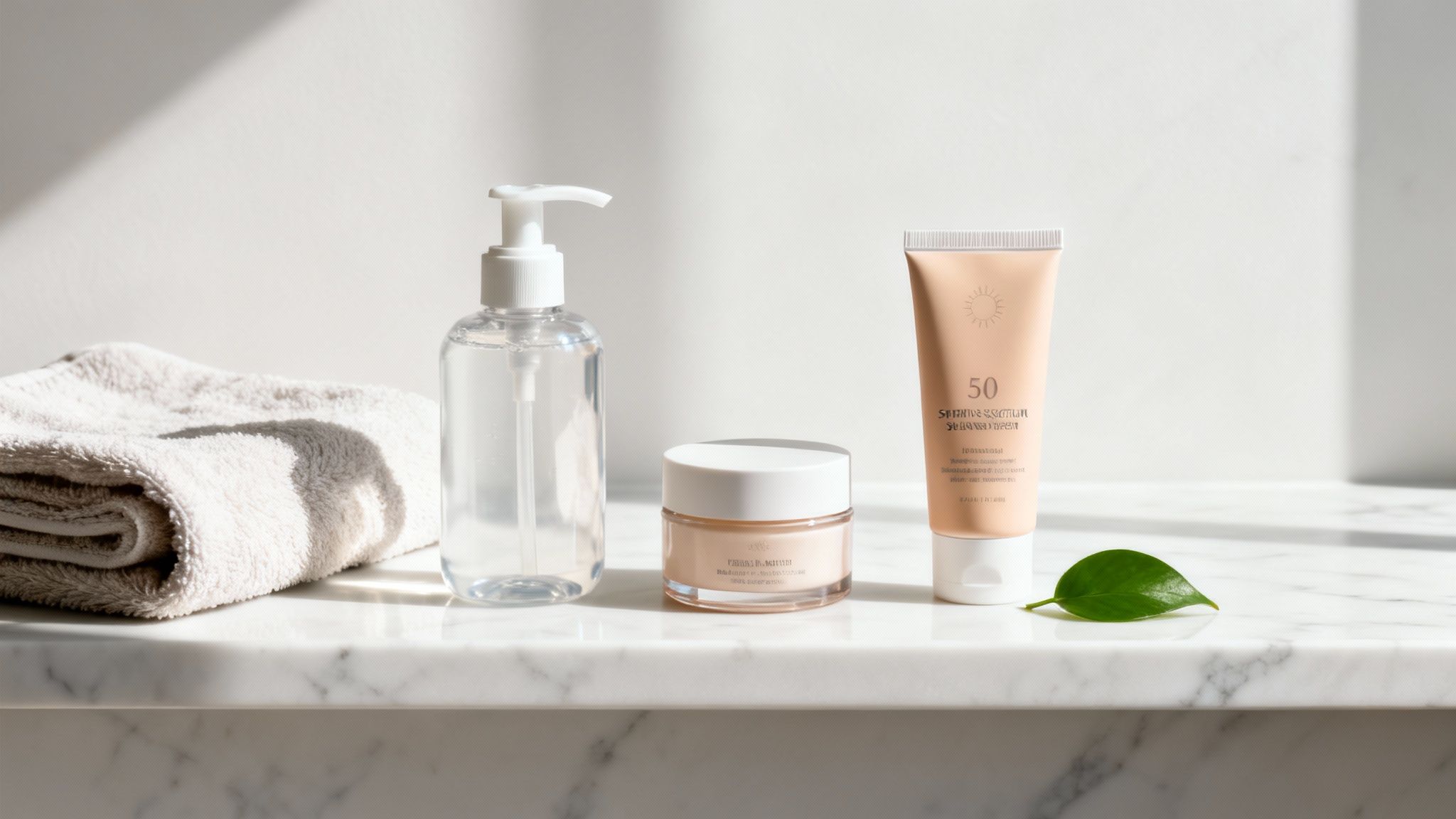 Various skincare products including lotion, cream, and sunscreen on a marble countertop with a towel and green leaf, bathed in sunlight.