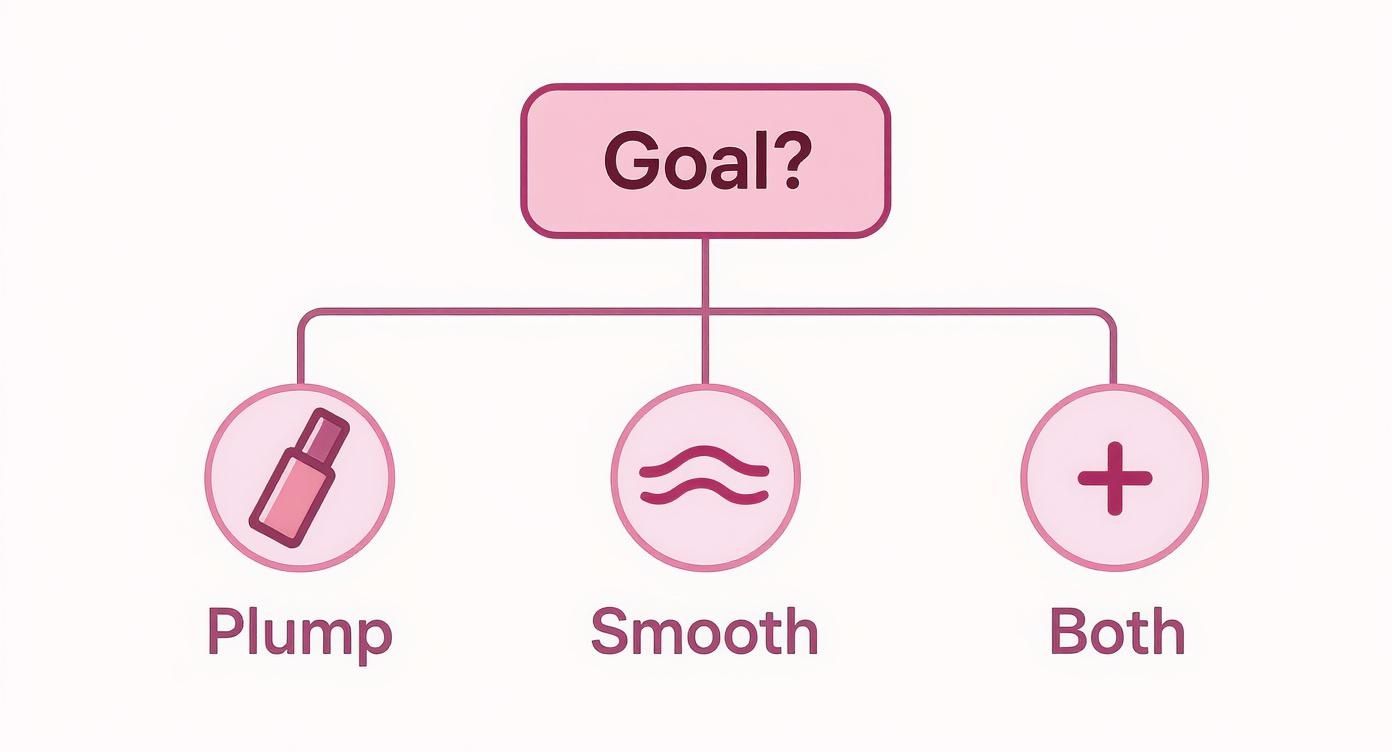 Flowchart titled 'Goal?' for non-invasive lip treatments, presenting options: Plump, Smooth, or Both.