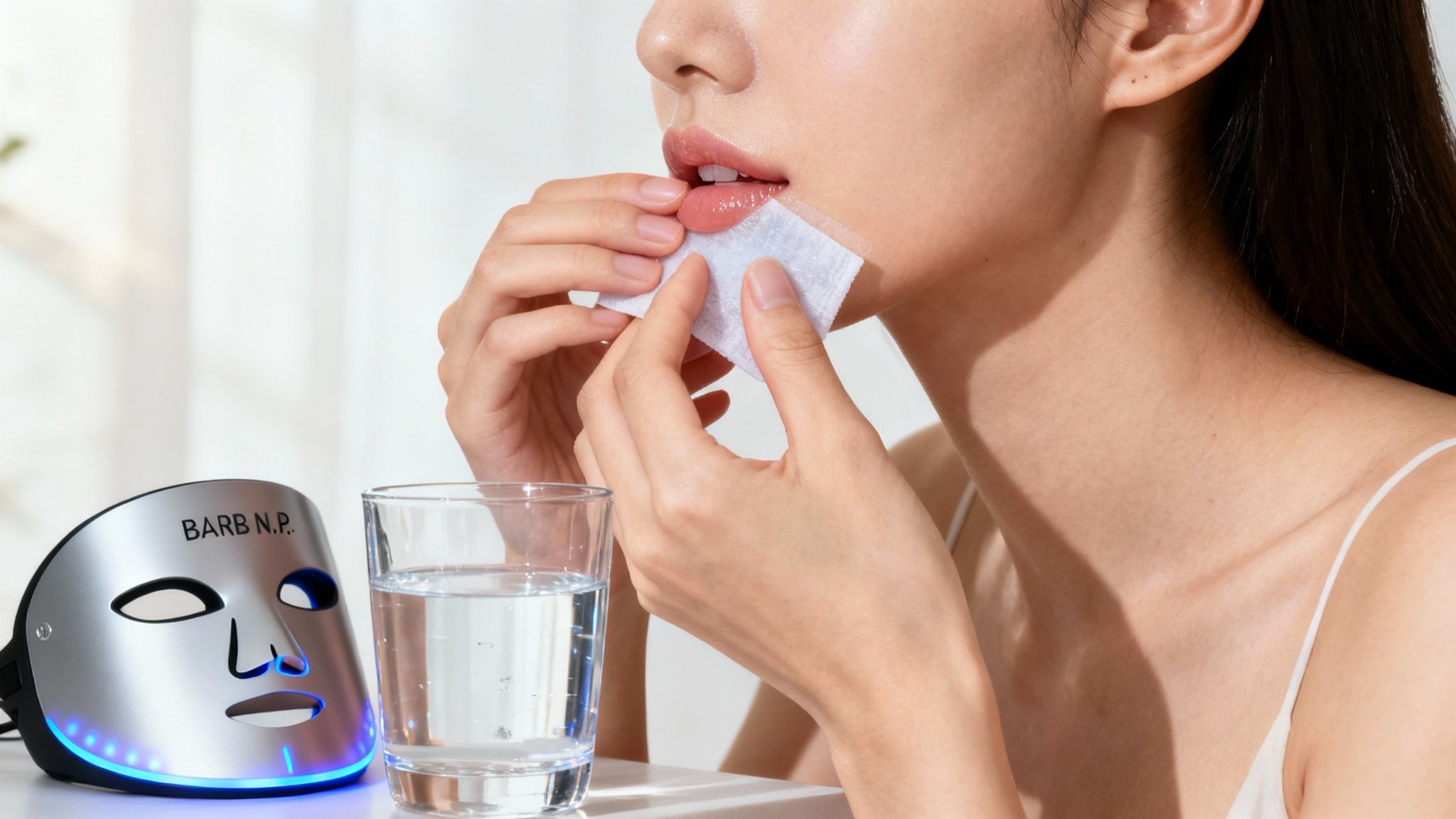 A woman gently applying a cold compress to her lips after a lip filler treatment