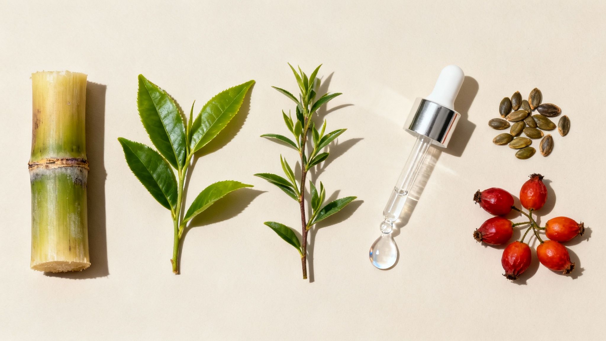 Natural ingredients for skincare: sugarcane, tea leaves, rosehips, pumpkin seeds, and a serum dropper.