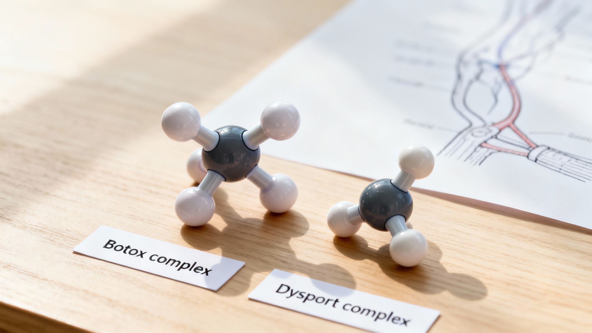 Molecular models of Botox and Dysport complexes on a wooden table with an anatomical drawing.