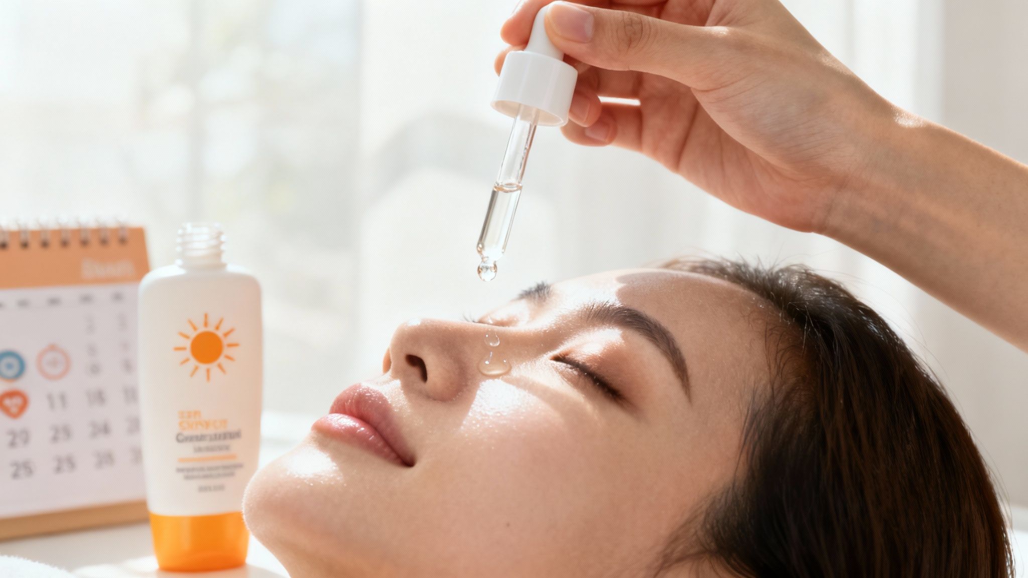 Woman applying sunscreen to her face.
