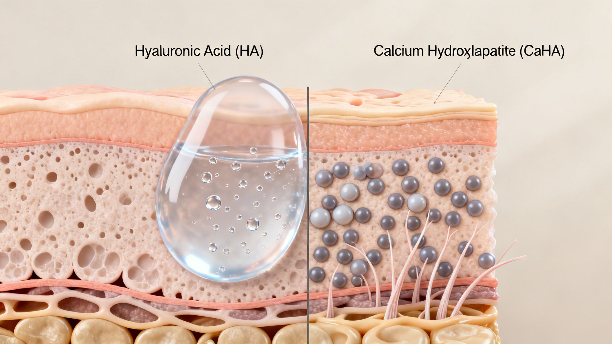 Detailed skin cross-section comparing Hyaluronic Acid (HA) and Calcium Hydroxylapatite (CaHA) dermal fillers.
