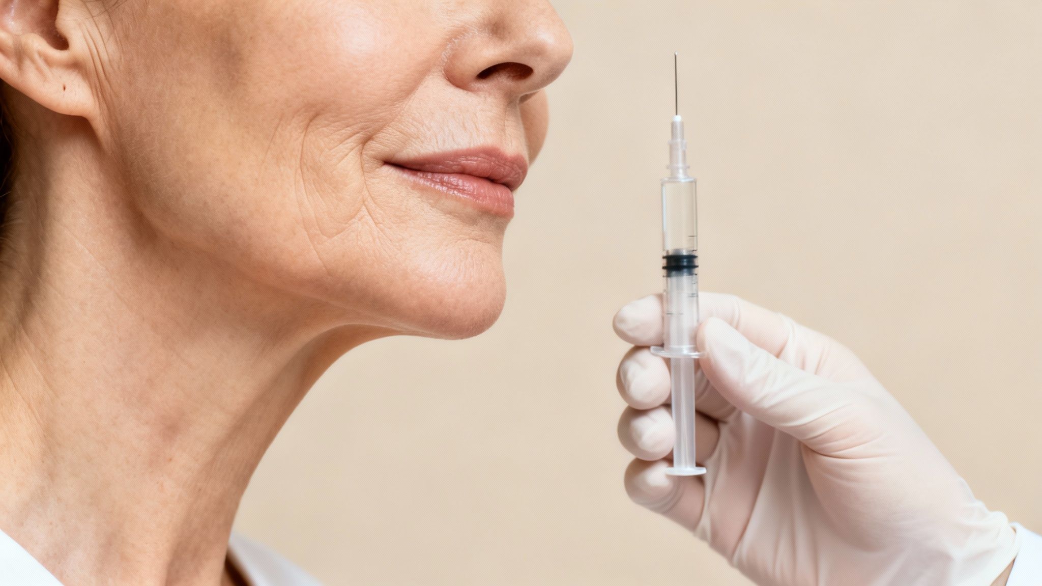 A gloved hand holds a syringe with clear liquid near an older woman's face, hinting at a cosmetic treatment.