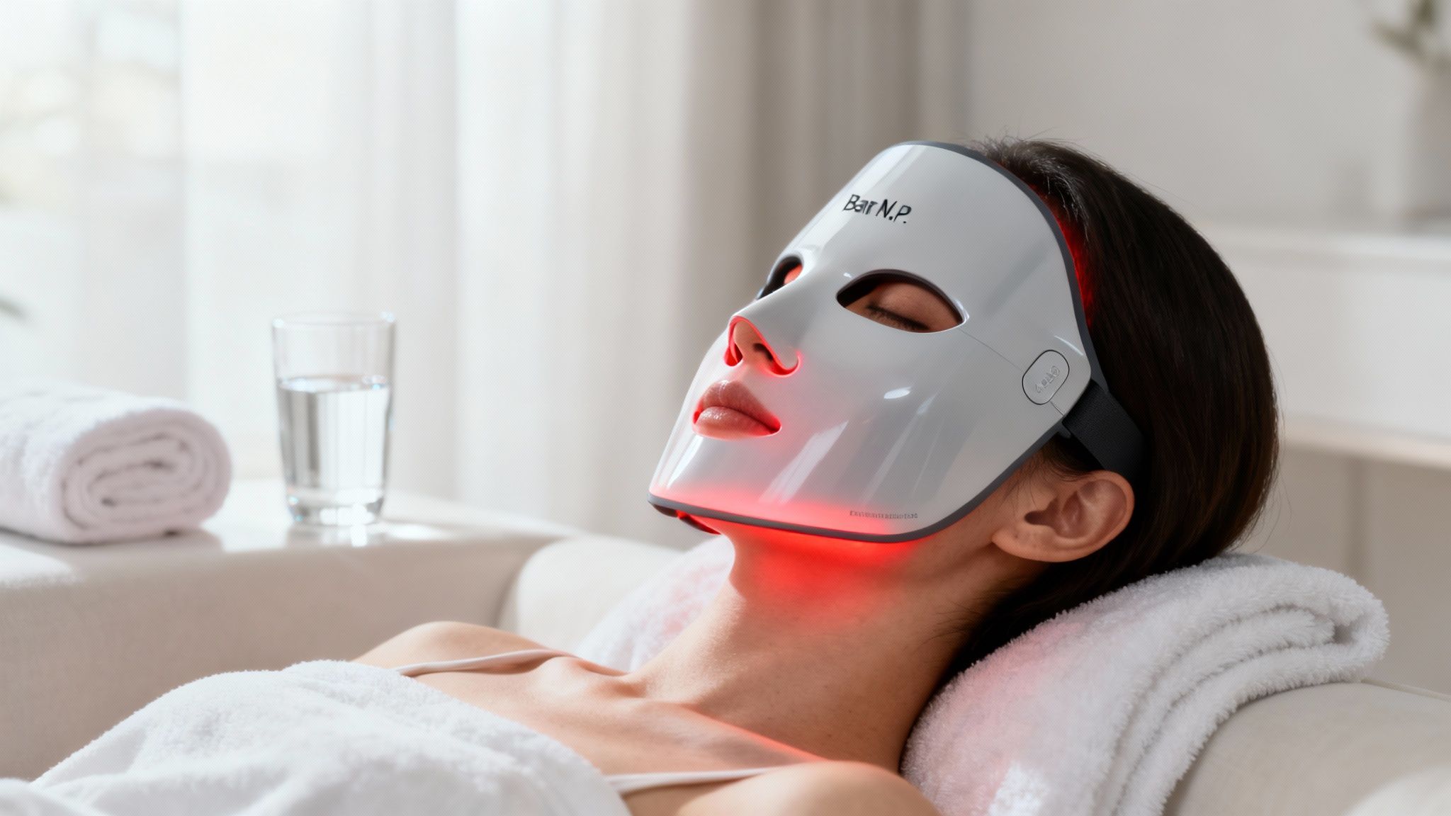 A woman using a wireless LED facial mask.
