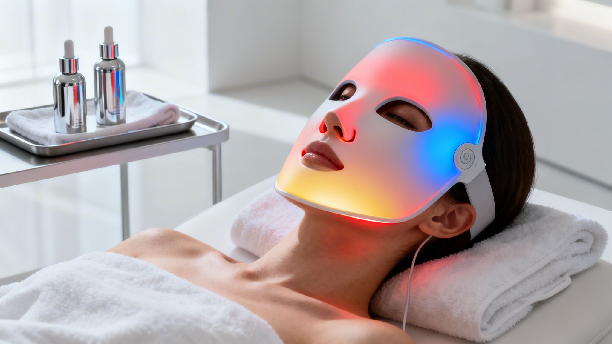 A woman lies relaxed with an LED light therapy mask on her face, glowing with colorful lights.