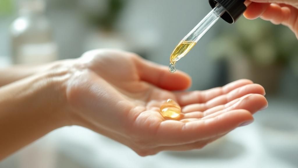 A woman applying a serum to her face, representing the application of chemical exfoliants.