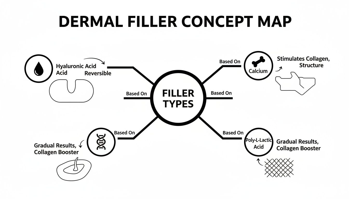 Dermal filler concept map showing Hyaluronic Acid, Calcium, and Poly-L-Lactic Acid with their characteristics.