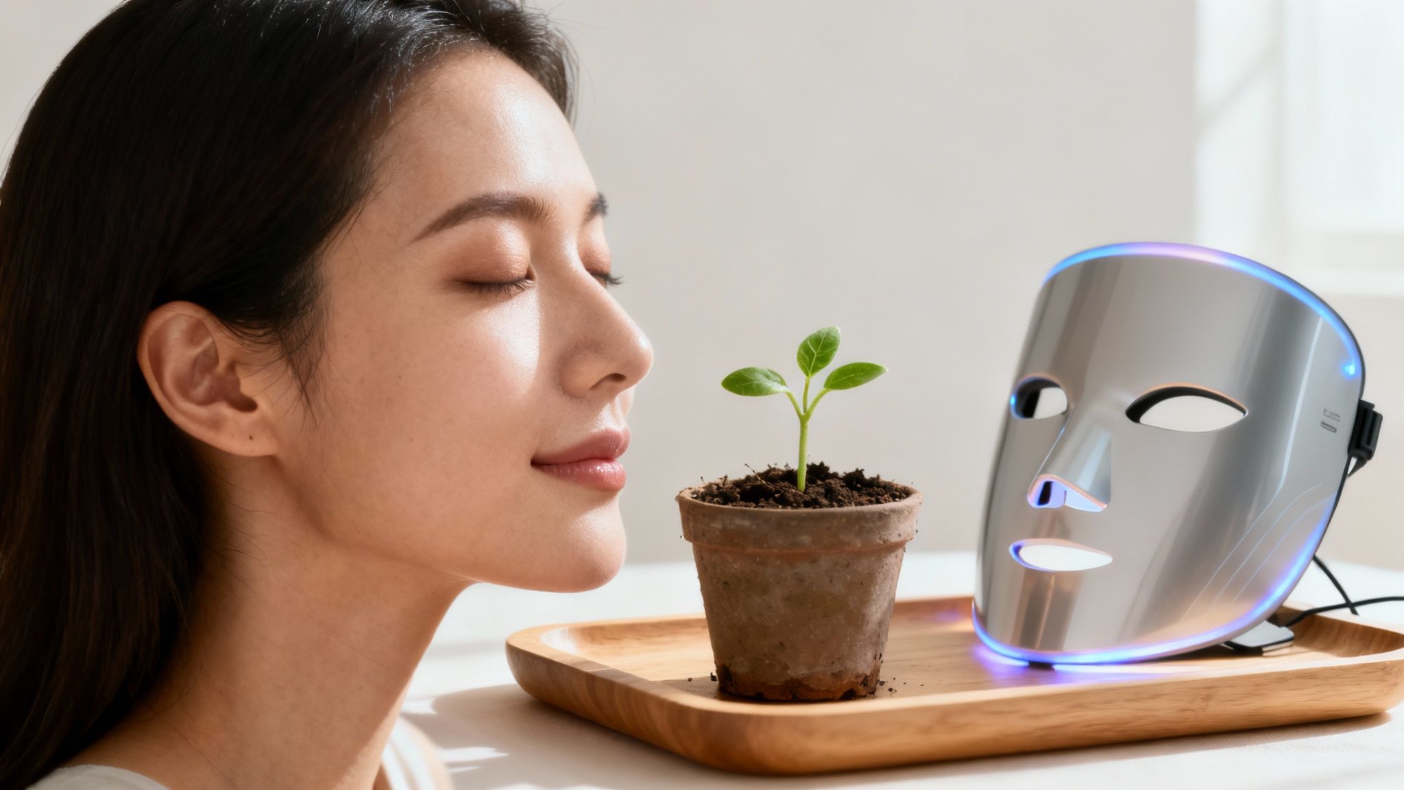 Woman using a red LED light therapy mask for skincare treatment