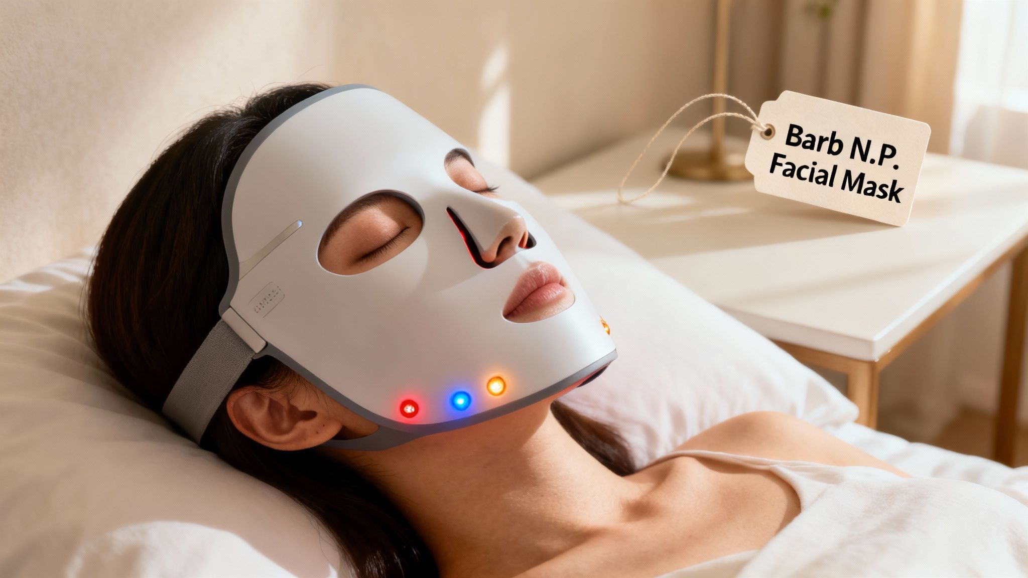 A woman relaxes while wearing a white LED facial mask with red, blue, and orange lights.
