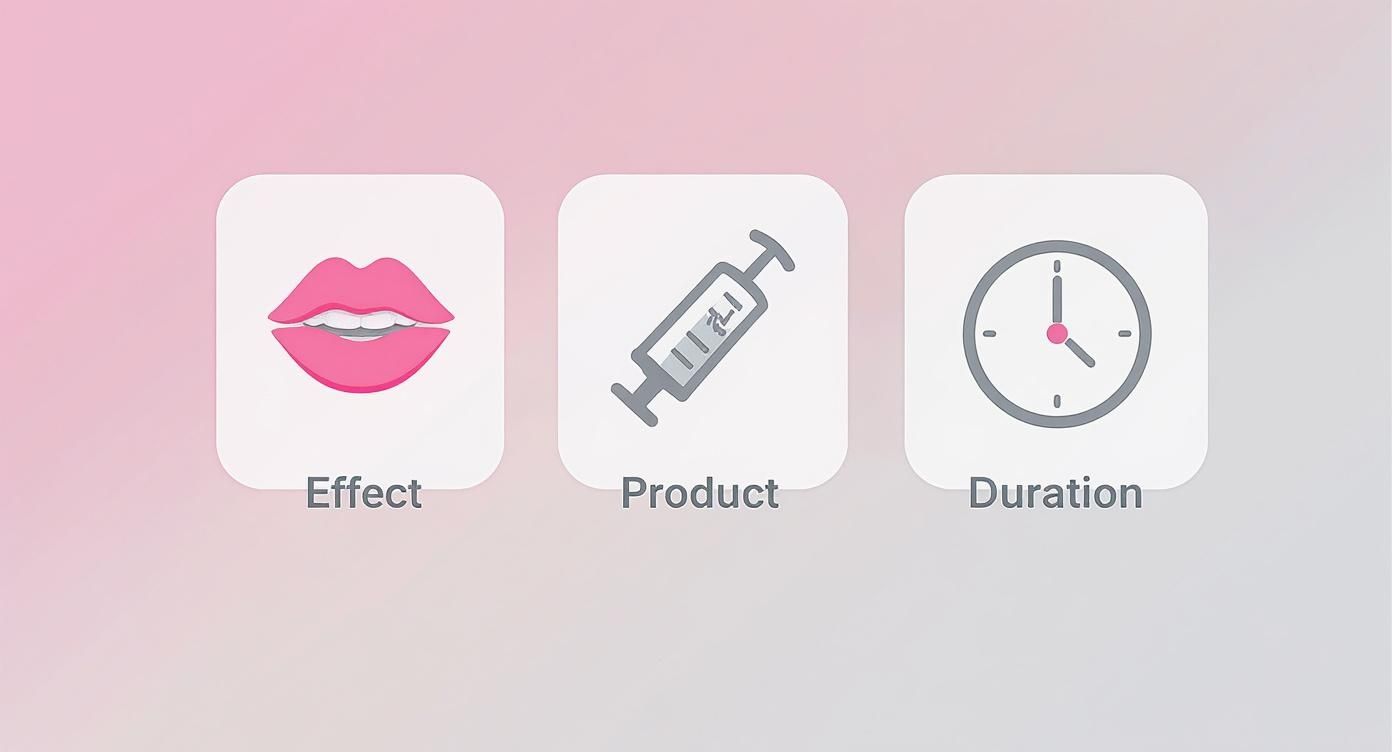 Three icons representing effect (lips), product (syringe), and duration (clock) for aesthetic treatments.