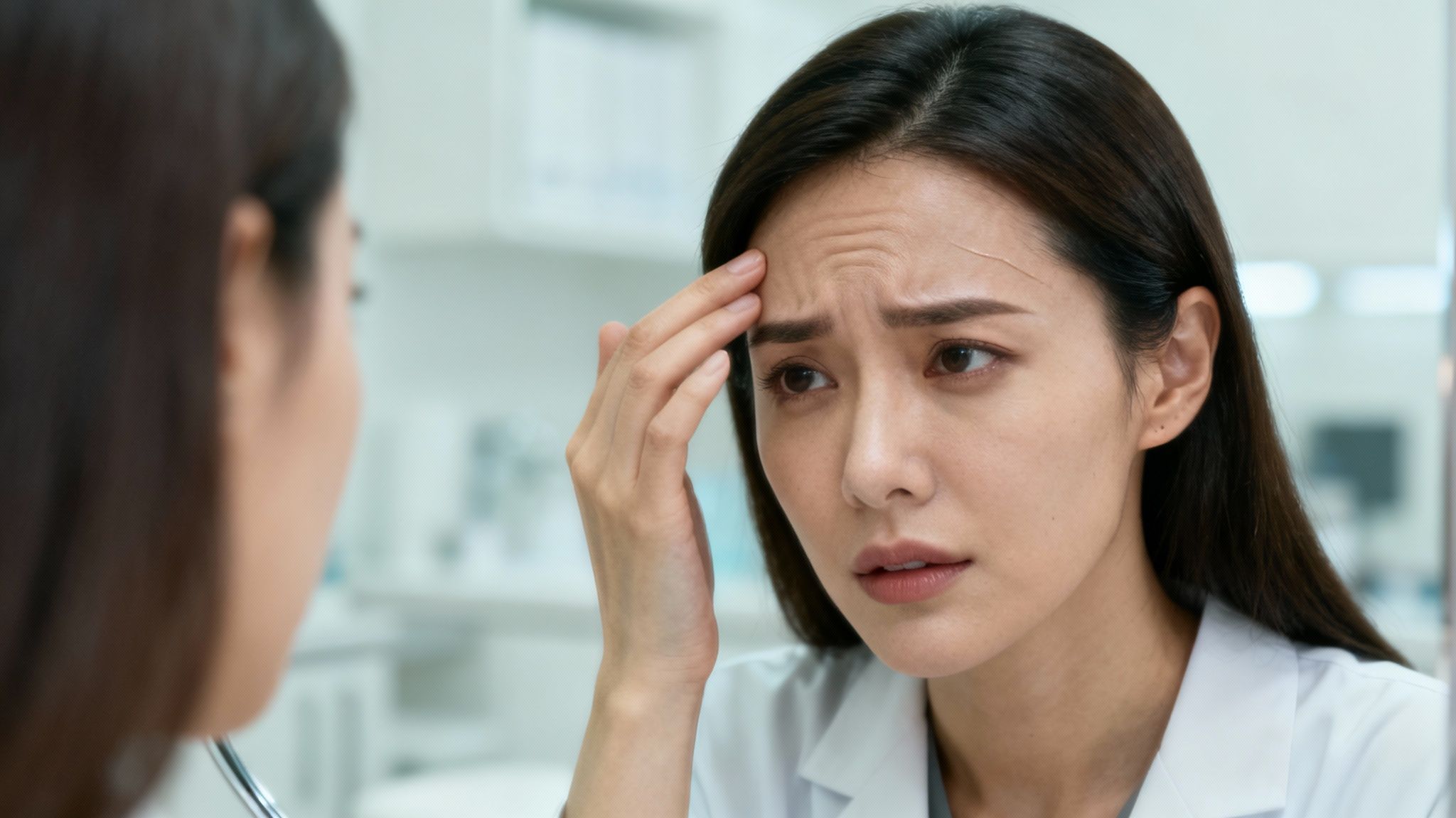 Woman looking in the mirror, concerned about her skin.