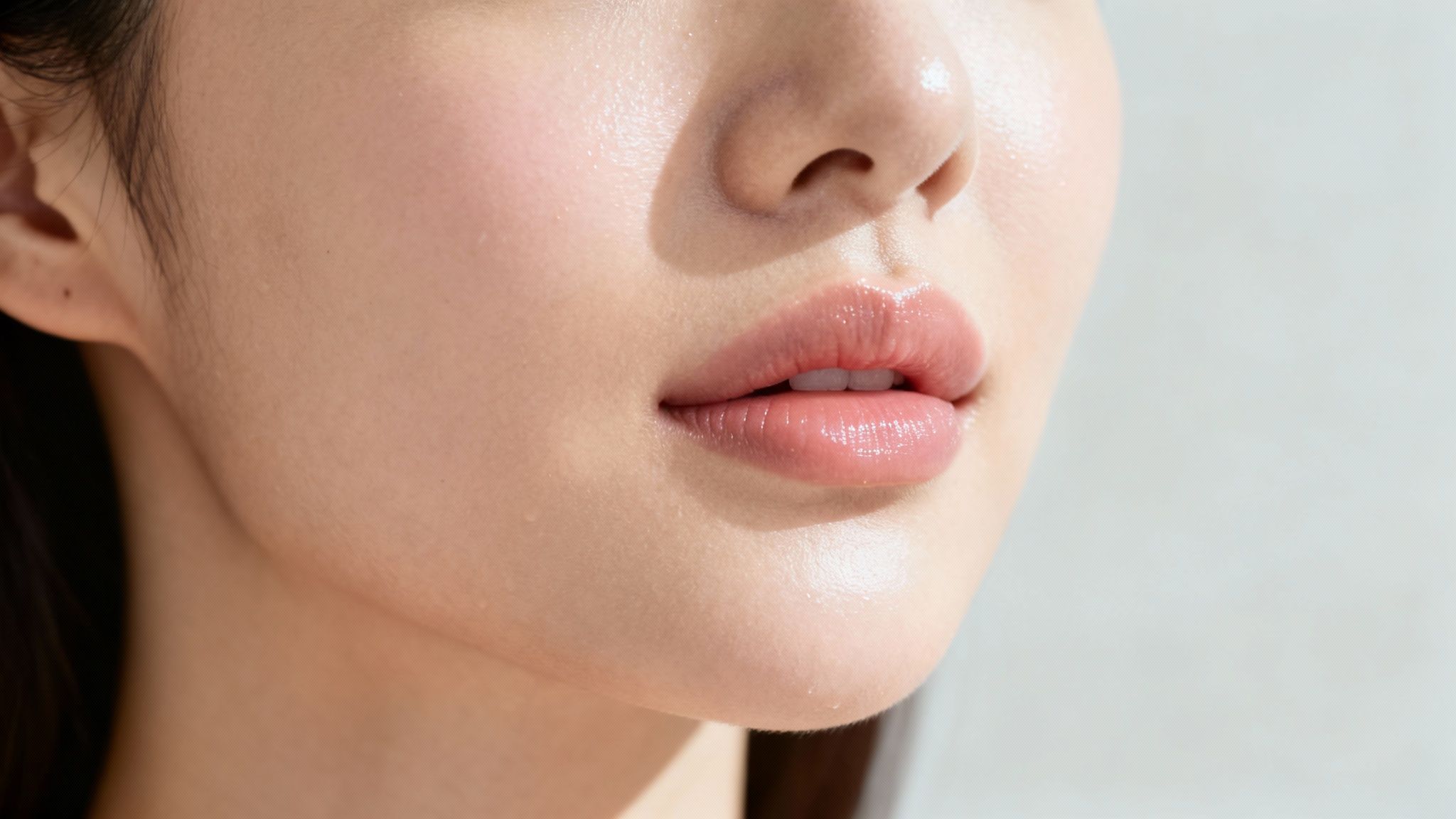 A close-up of a woman's lower face with dewy skin and plump, glossy pink lips.