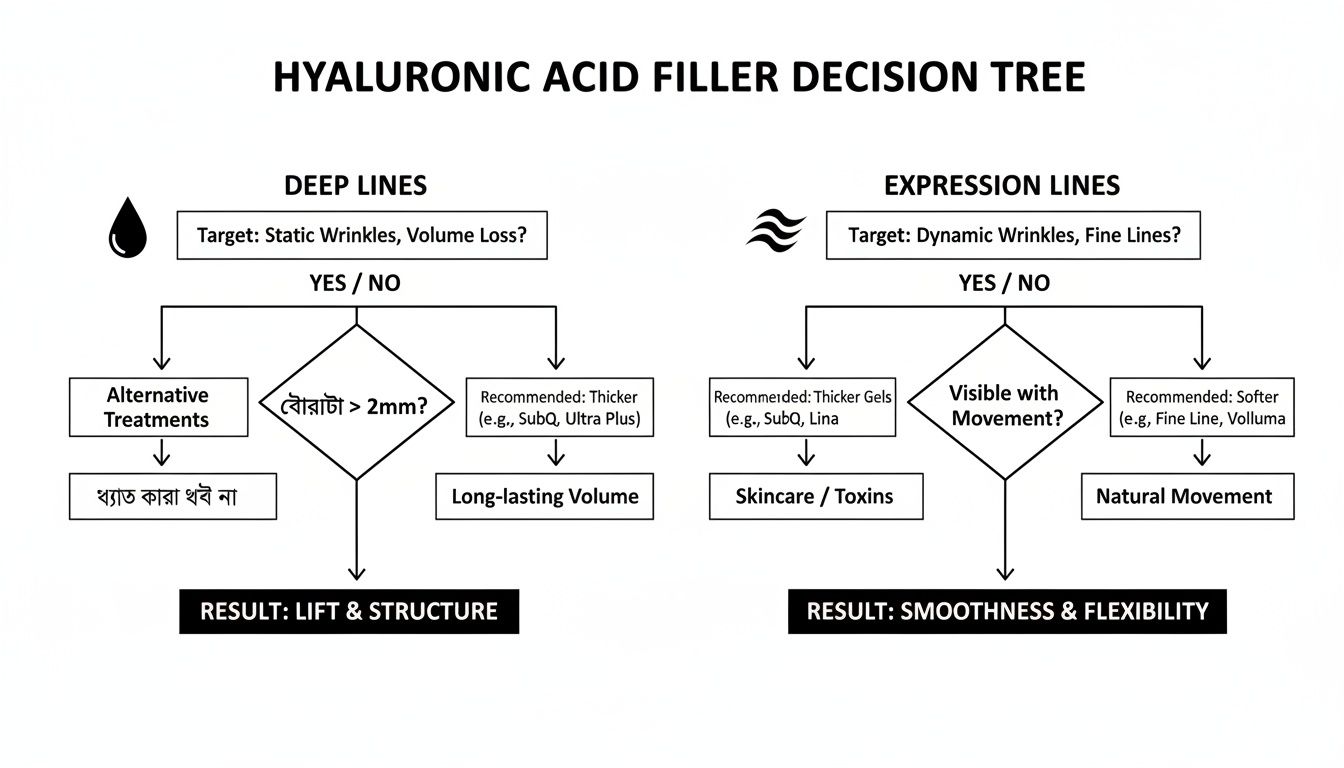 Hyaluronic acid filler decision tree guiding treatment for deep lines and expression lines.