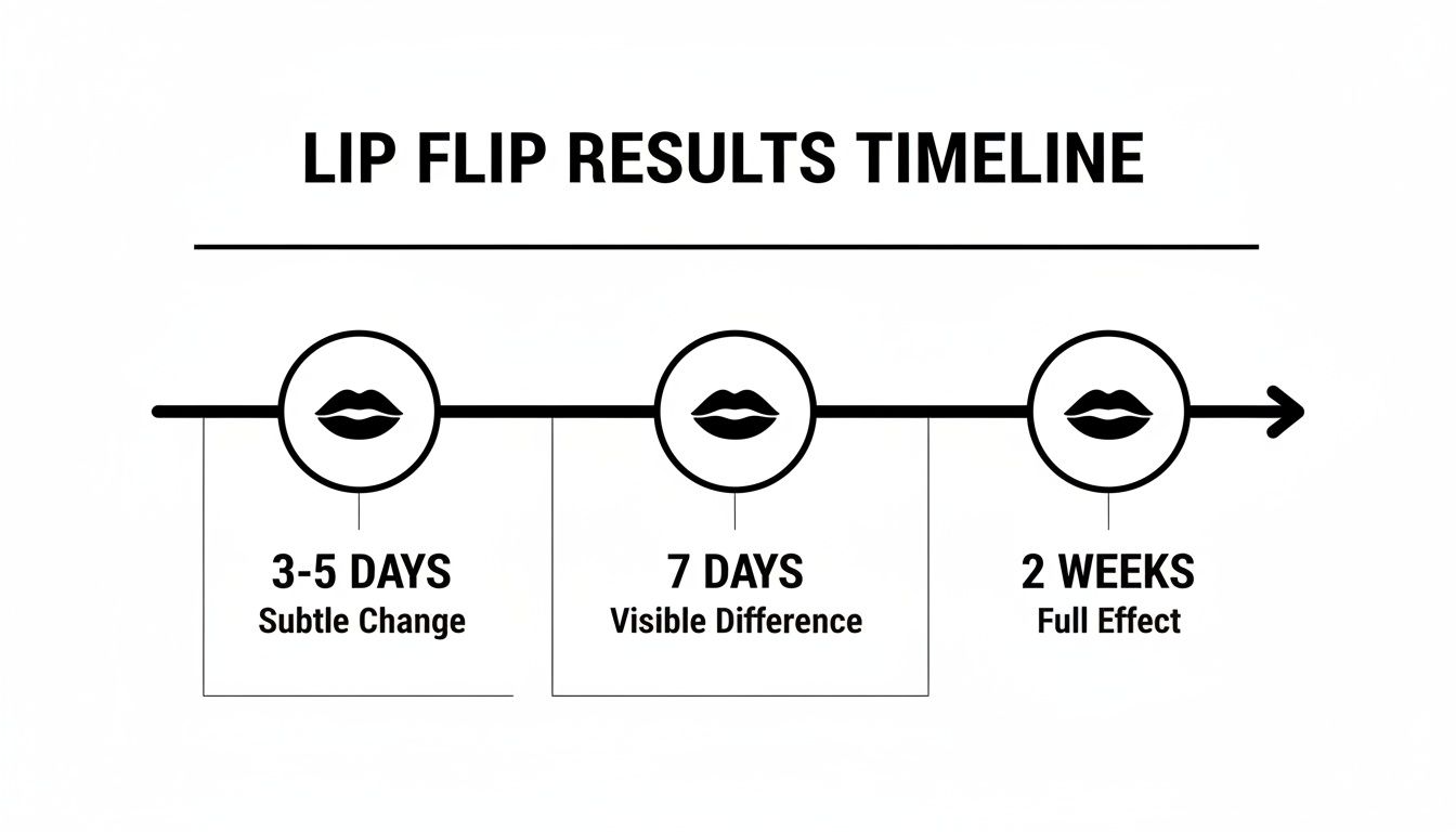 Visual timeline detailing lip flip results progression from subtle change to full effect over two weeks.
