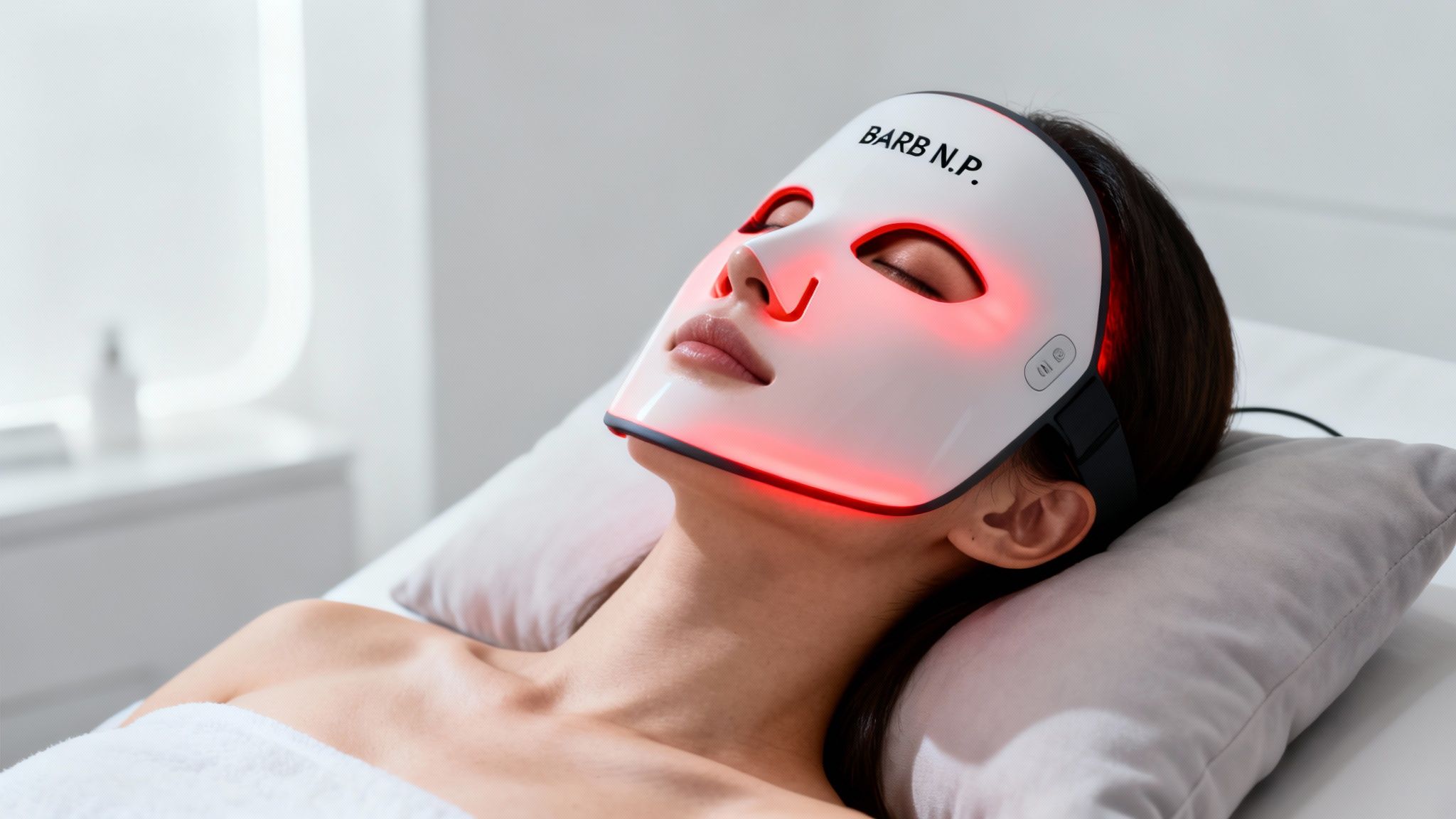 A woman relaxing with a red LED light therapy mask on her face during a skincare treatment.