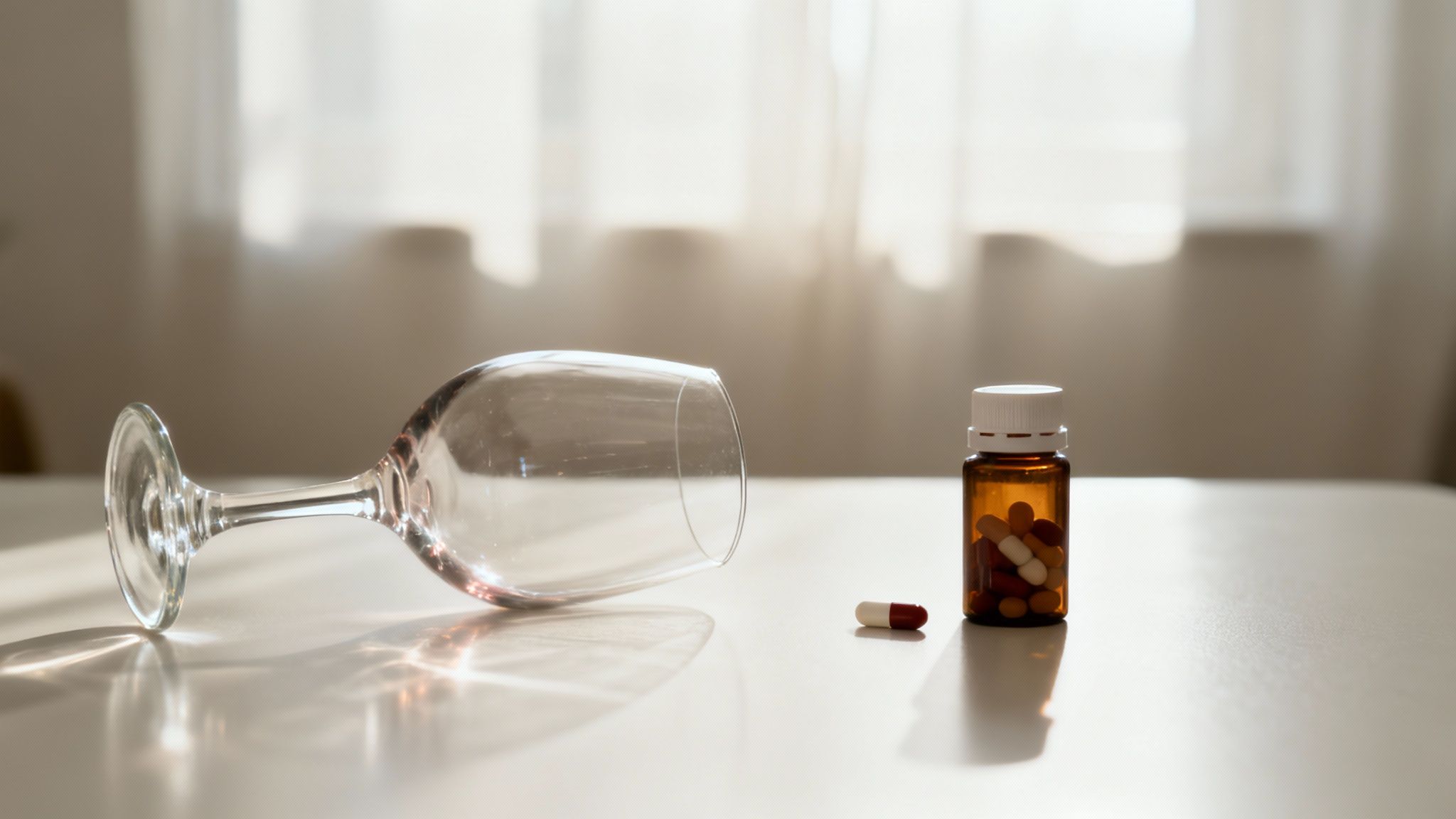 Overturned wine glass and medication pills illustrating alcohol and drug interactions to avoid