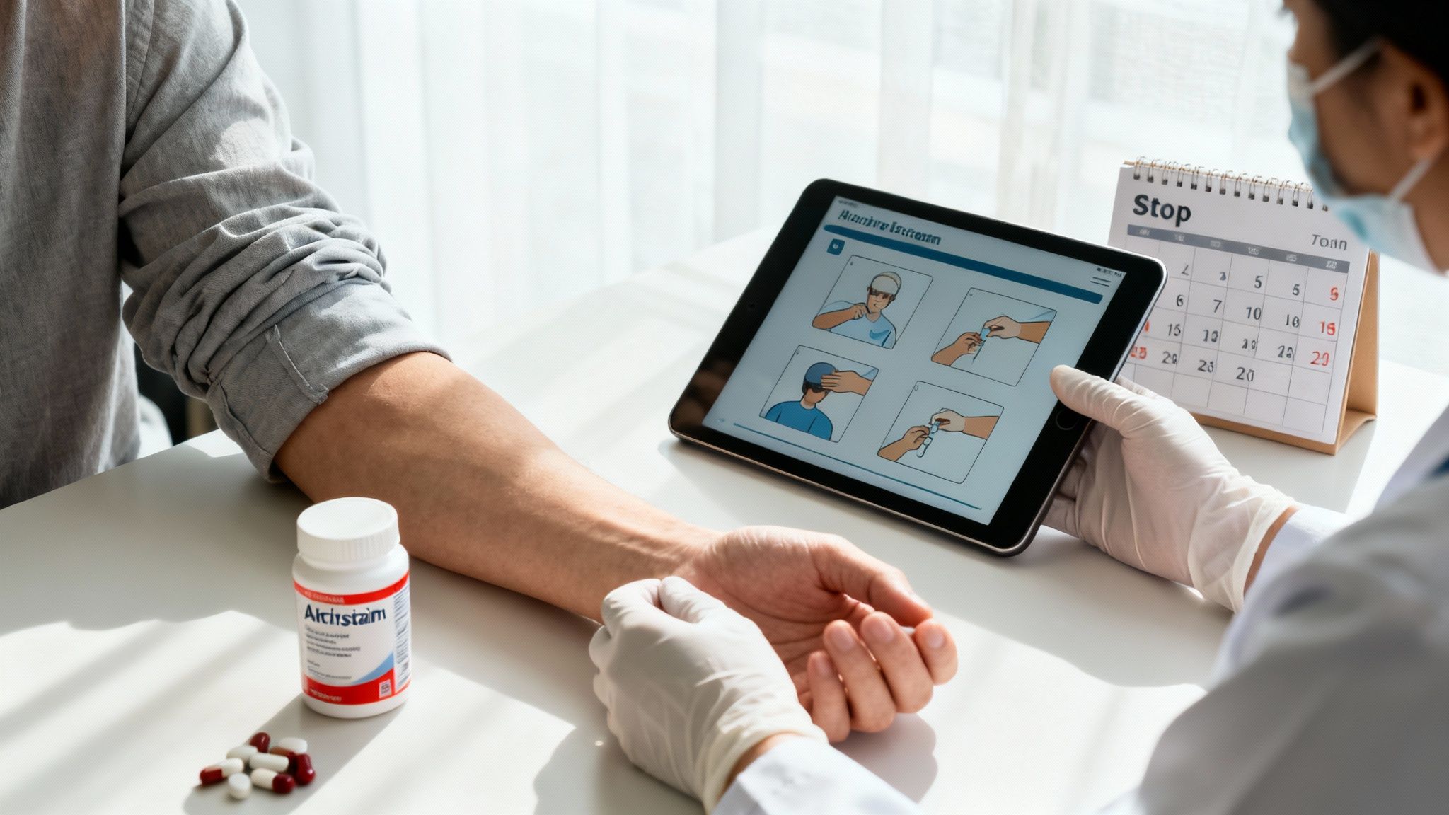 A doctor in gloves and mask explains medical procedures on a tablet to a patient, with medication.