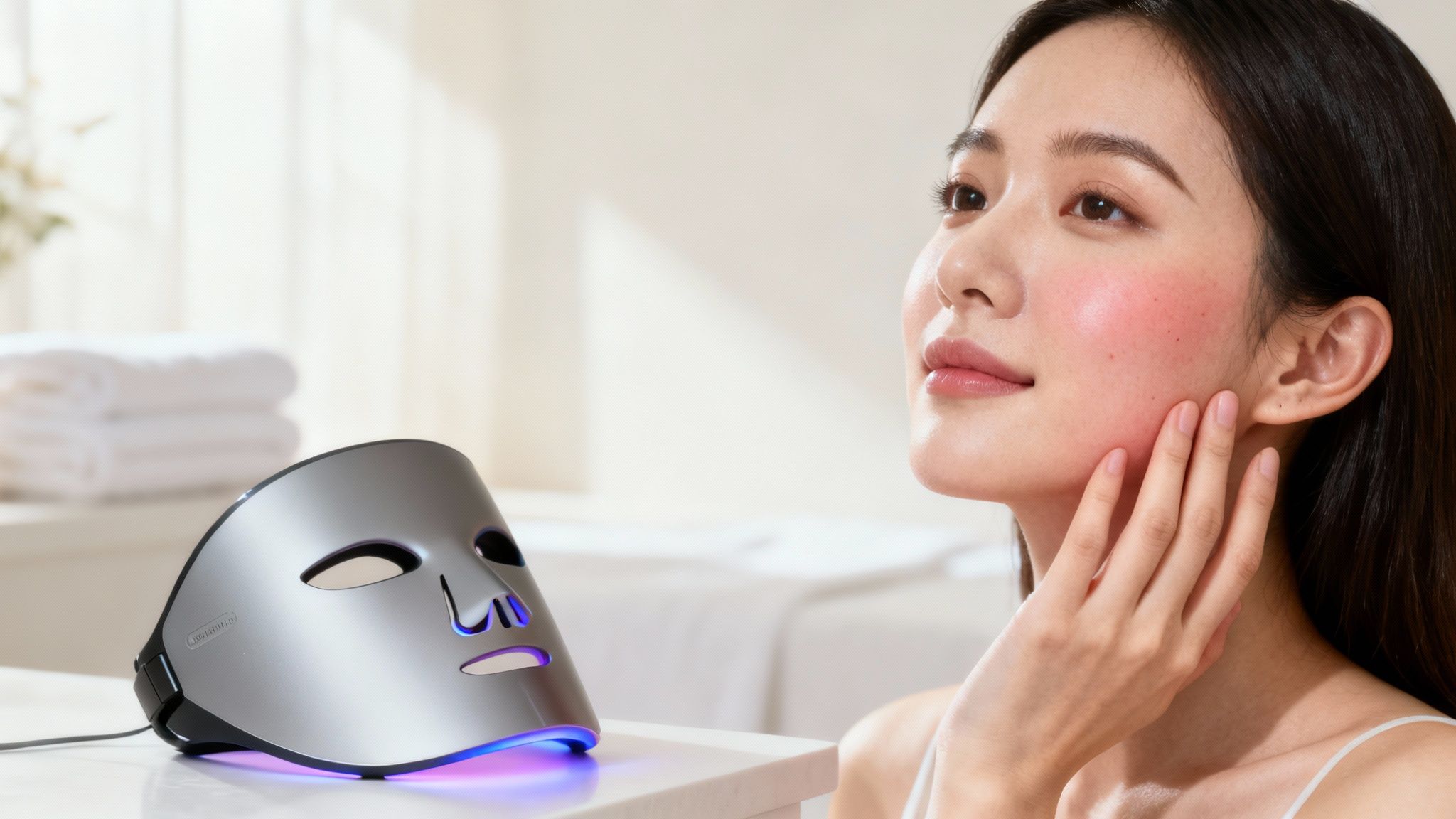 A radiant woman gently touches her cheek, next to a glowing silver LED facial mask.