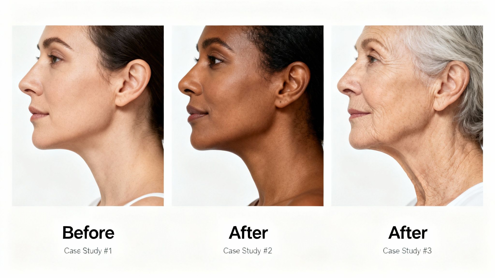 Side profile views of three women demonstrating before and after jawline and neck contouring results.