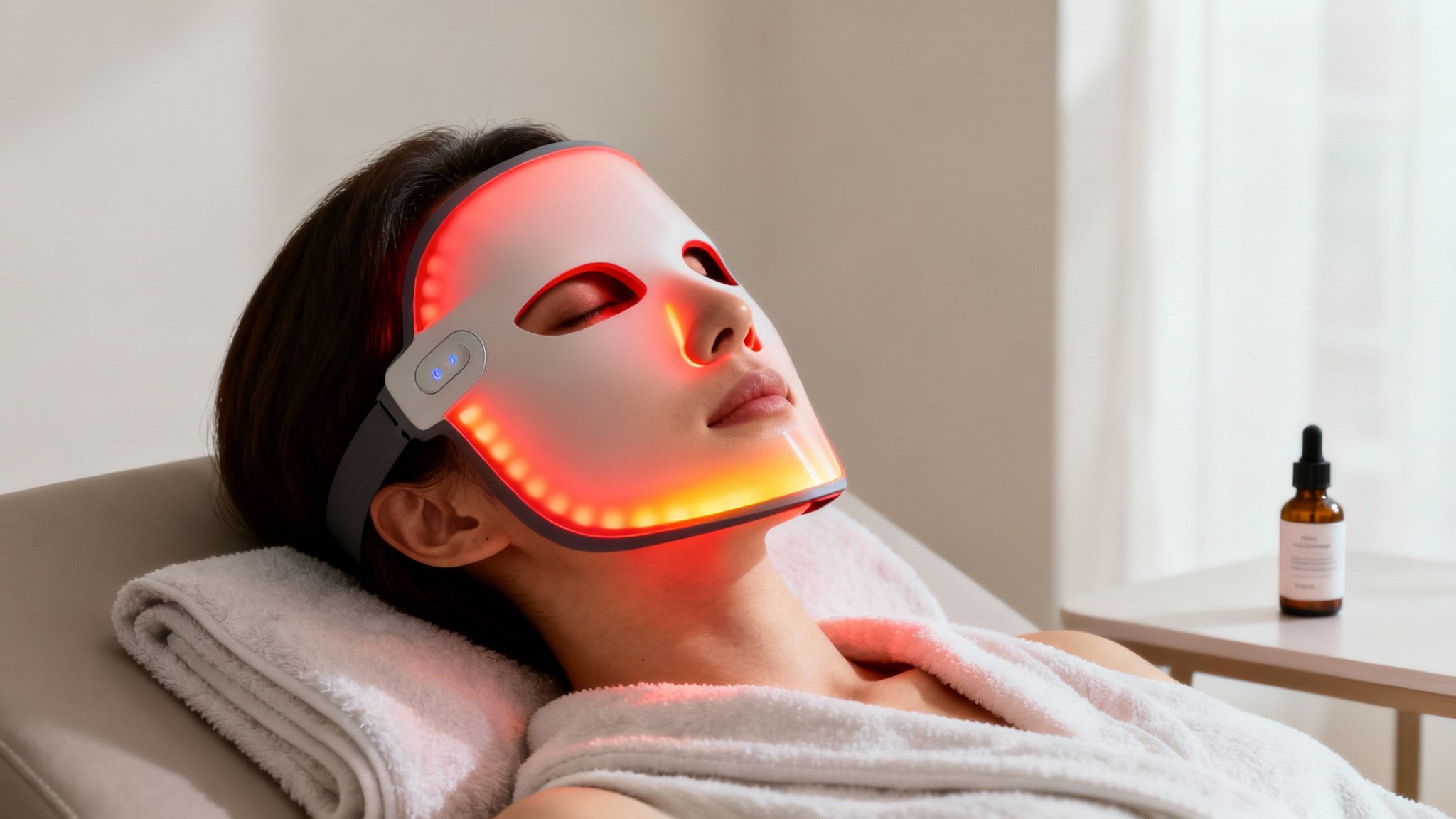 A woman lies relaxed with a red LED light therapy mask on her face during a skincare treatment.
