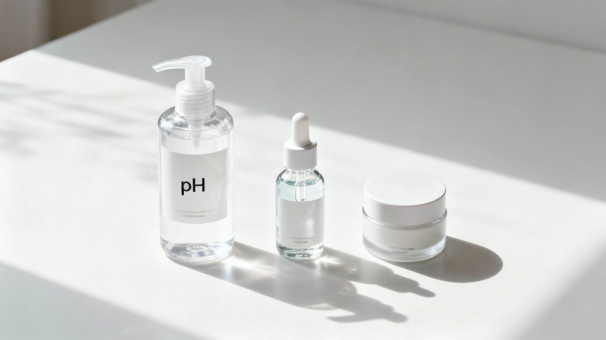 Skincare products arranged neatly on a clean, white background, emphasizing simplicity and a minimalist approach.