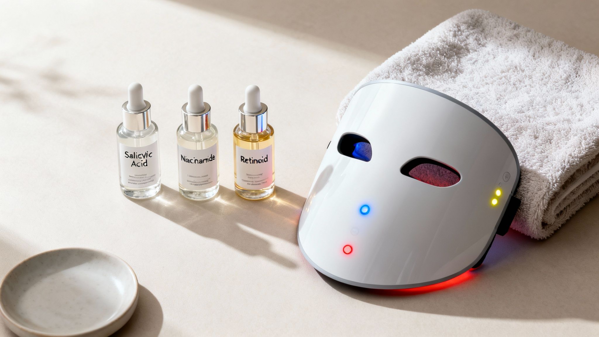 Skincare products including salicylic acid, niacinamide, retinoid serums, an LED light therapy mask, and a towel.