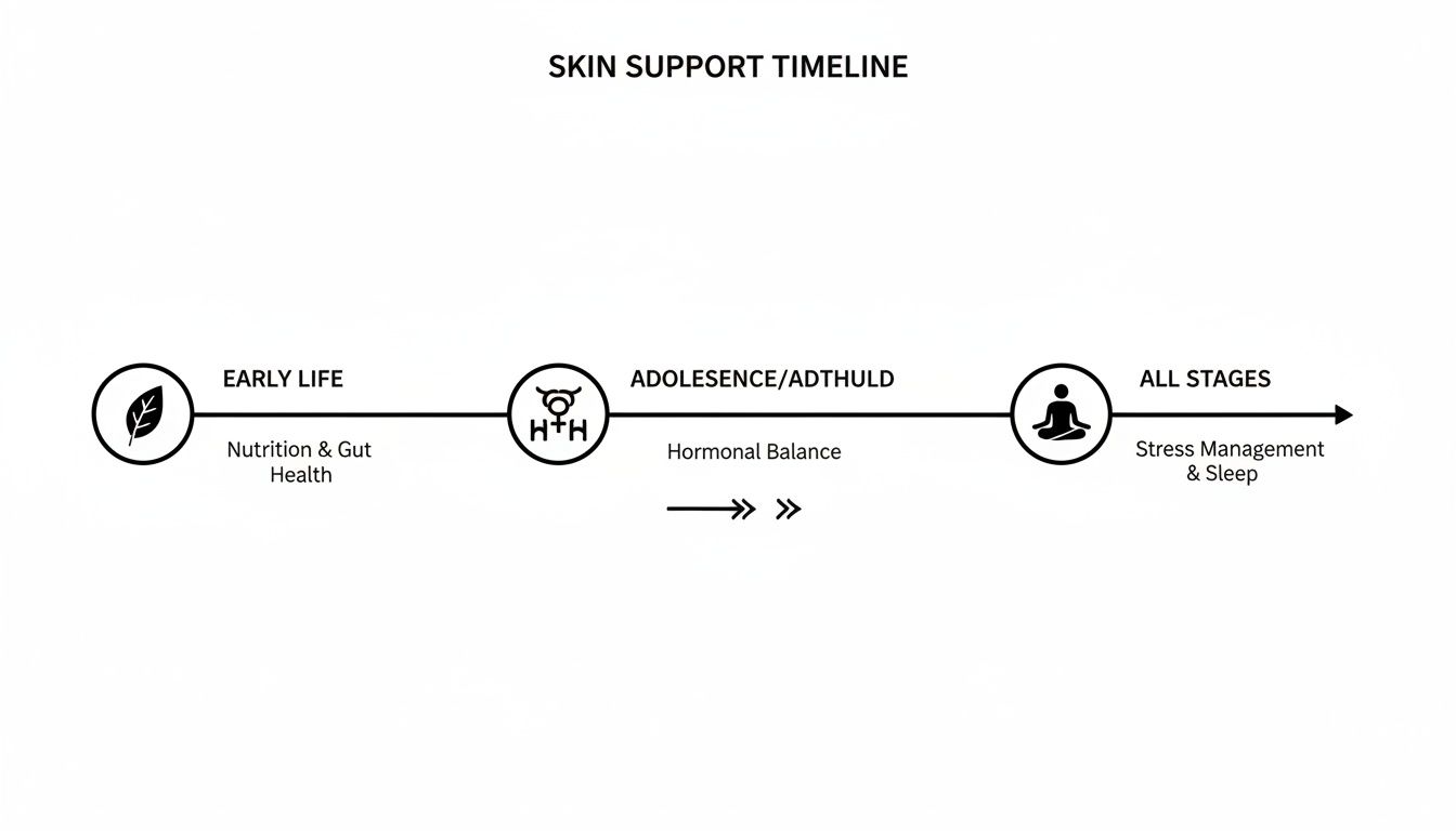 A skin support timeline illustrating key factors like nutrition, hormones, and stress management across life stages.