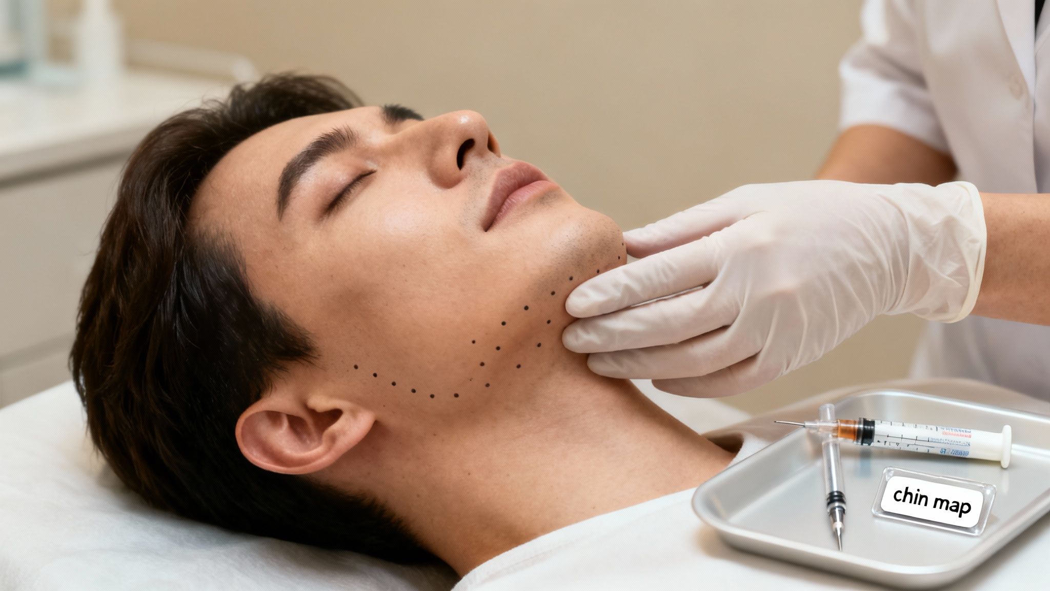 Man undergoing a cosmetic procedure with injection points marked on his chin and jawline.