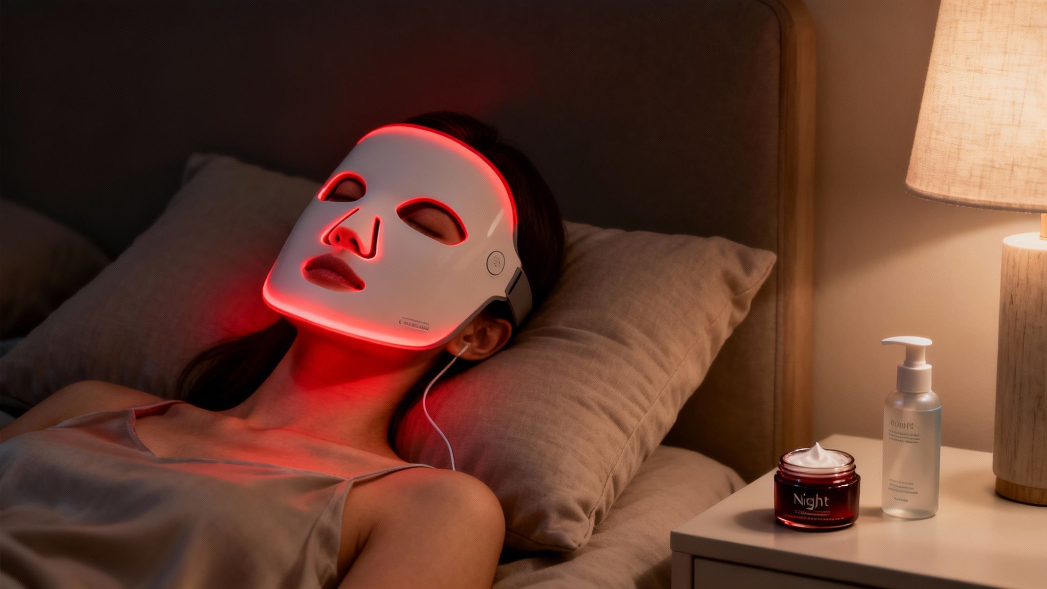 A woman relaxes in bed wearing a red LED light therapy mask with skincare products on a nightstand.