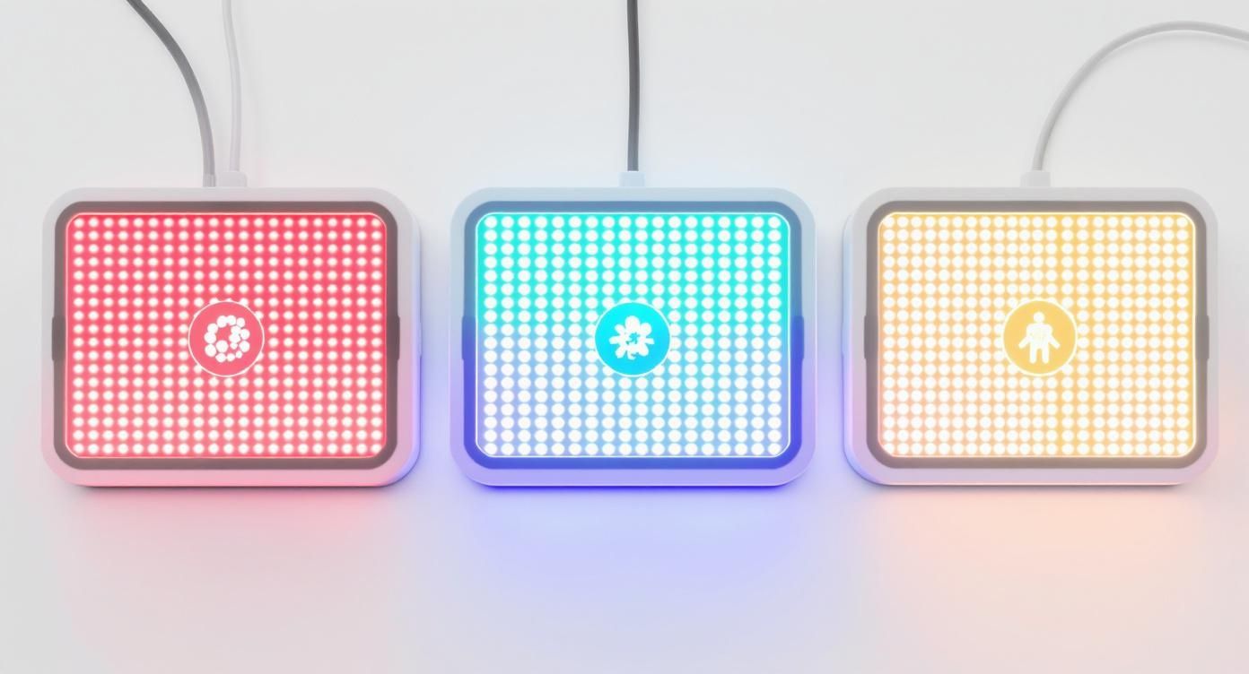 Three glowing LED panels display red dots with a molecule, teal dots with a flower, and yellow dots with a person icon.
