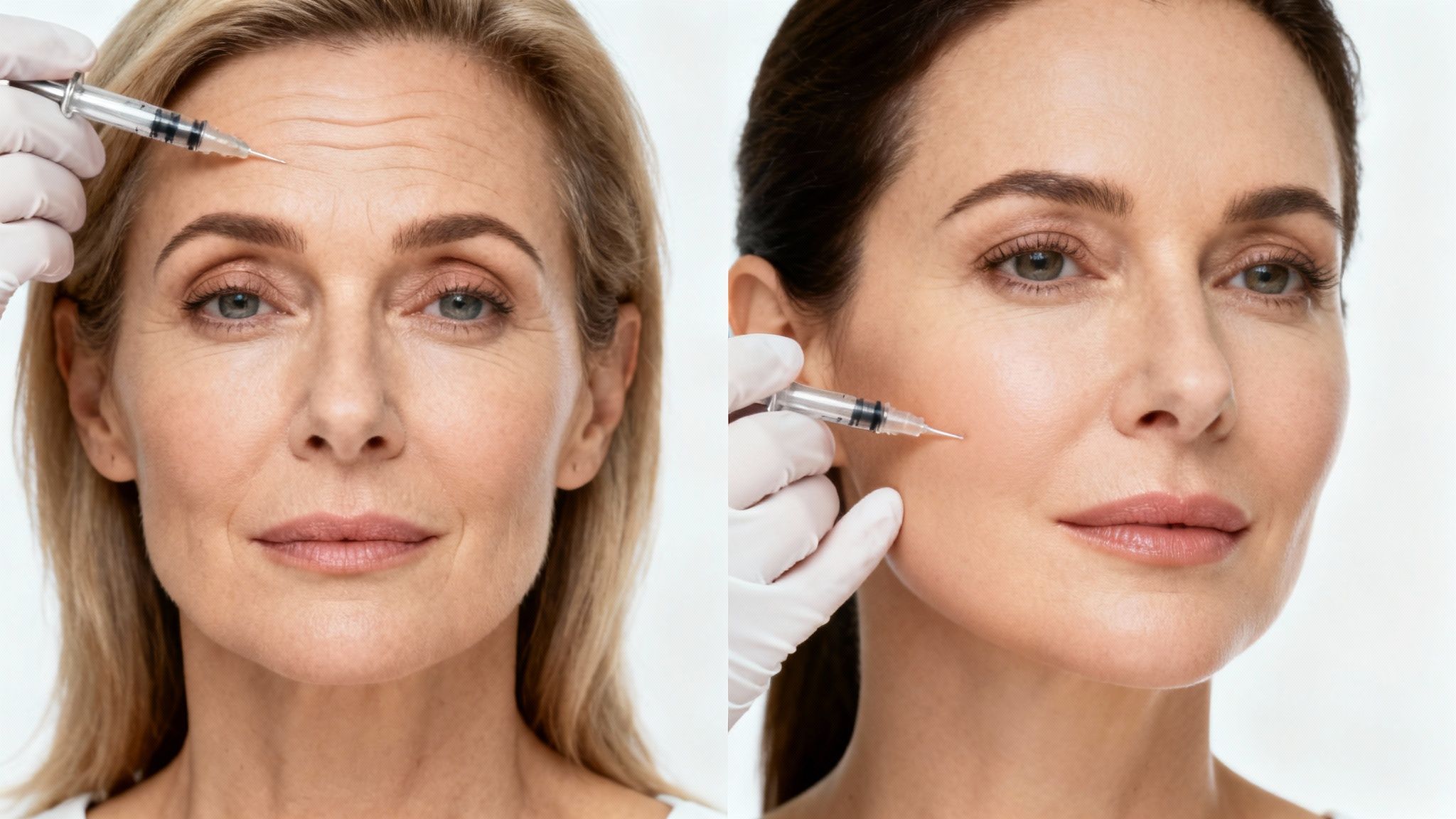 Two women undergoing cosmetic injections to reduce wrinkles on their forehead and cheeks.