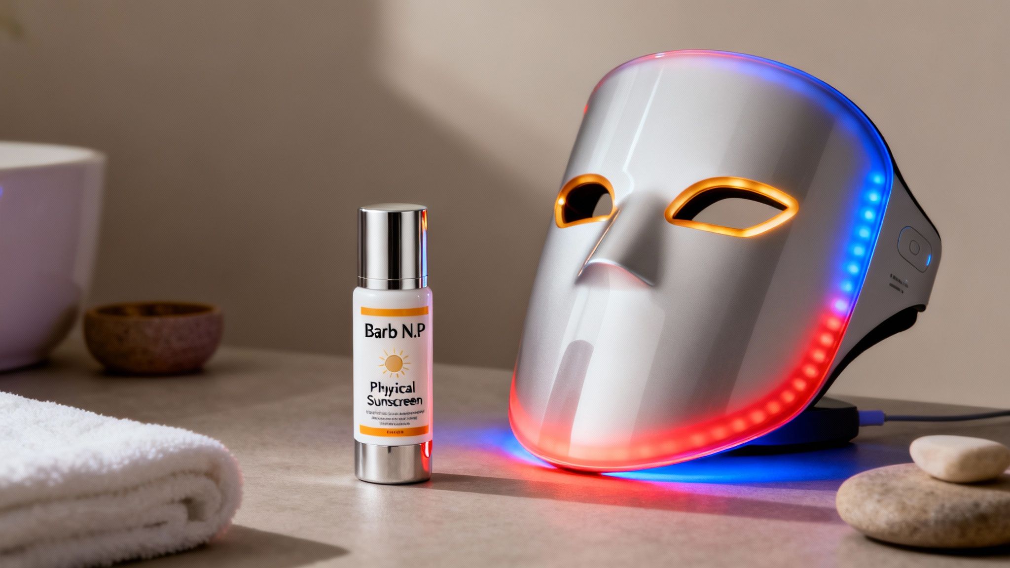 A white LED light therapy mask with glowing red and blue lights next to a bottle of physical sunscreen and a towel.