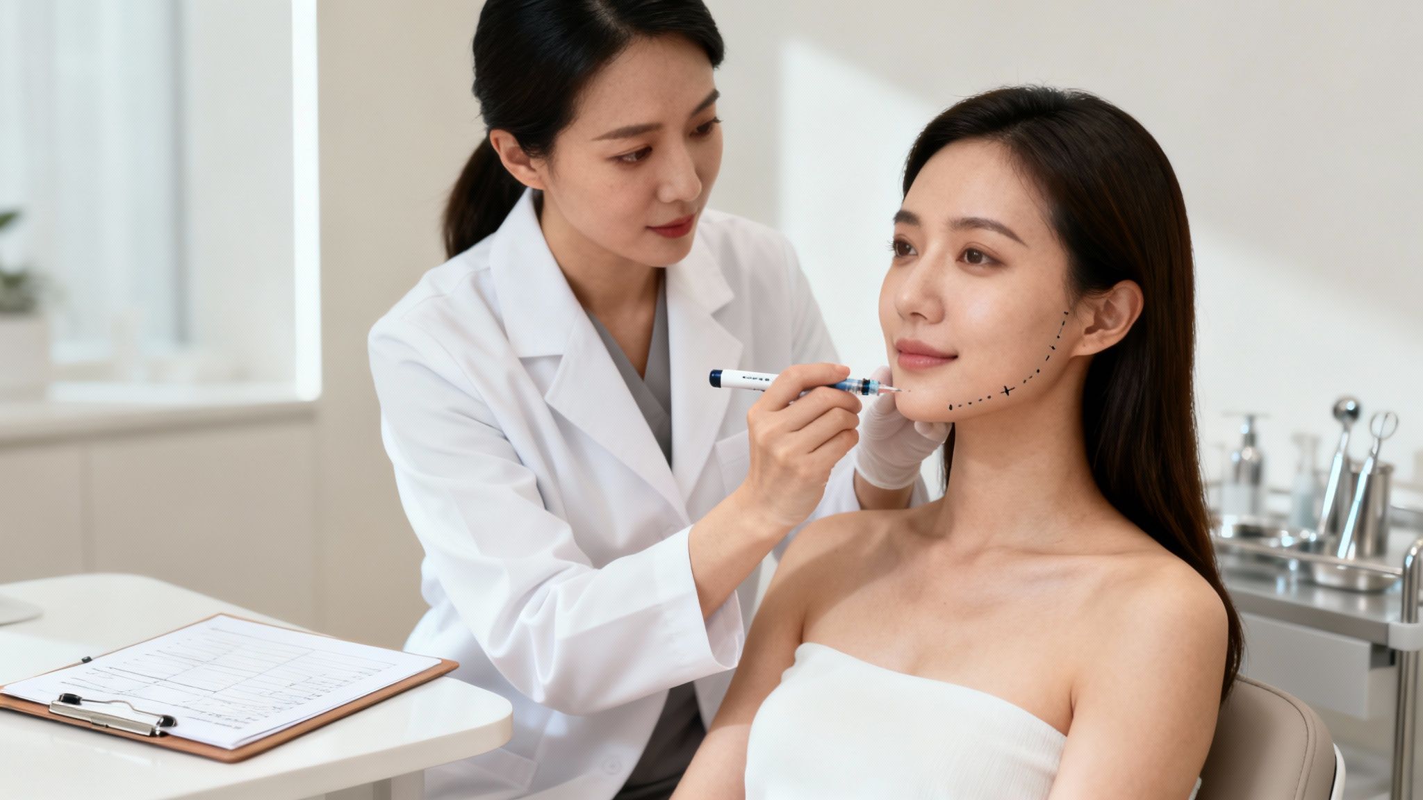 A doctor in a lab coat giving a filler injection to a woman's jawline for a cosmetic procedure.