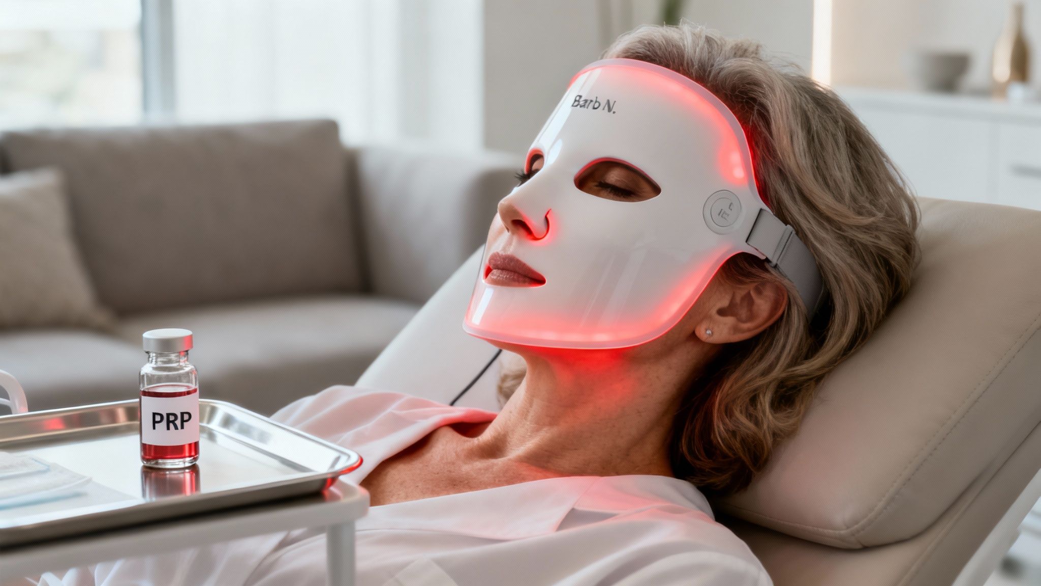 A woman lies relaxed, receiving red LED light therapy on her face with a PRP vial nearby.
