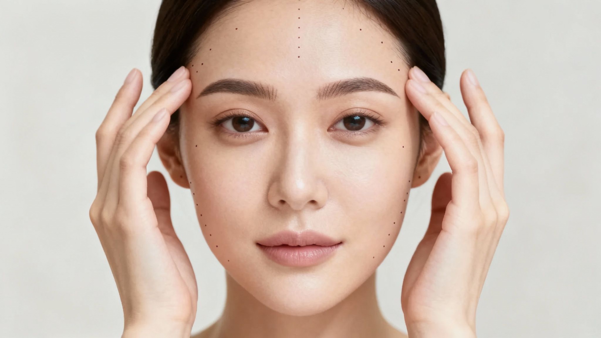 Young woman with hands framing face showing facial mapping dots for botox injection planning