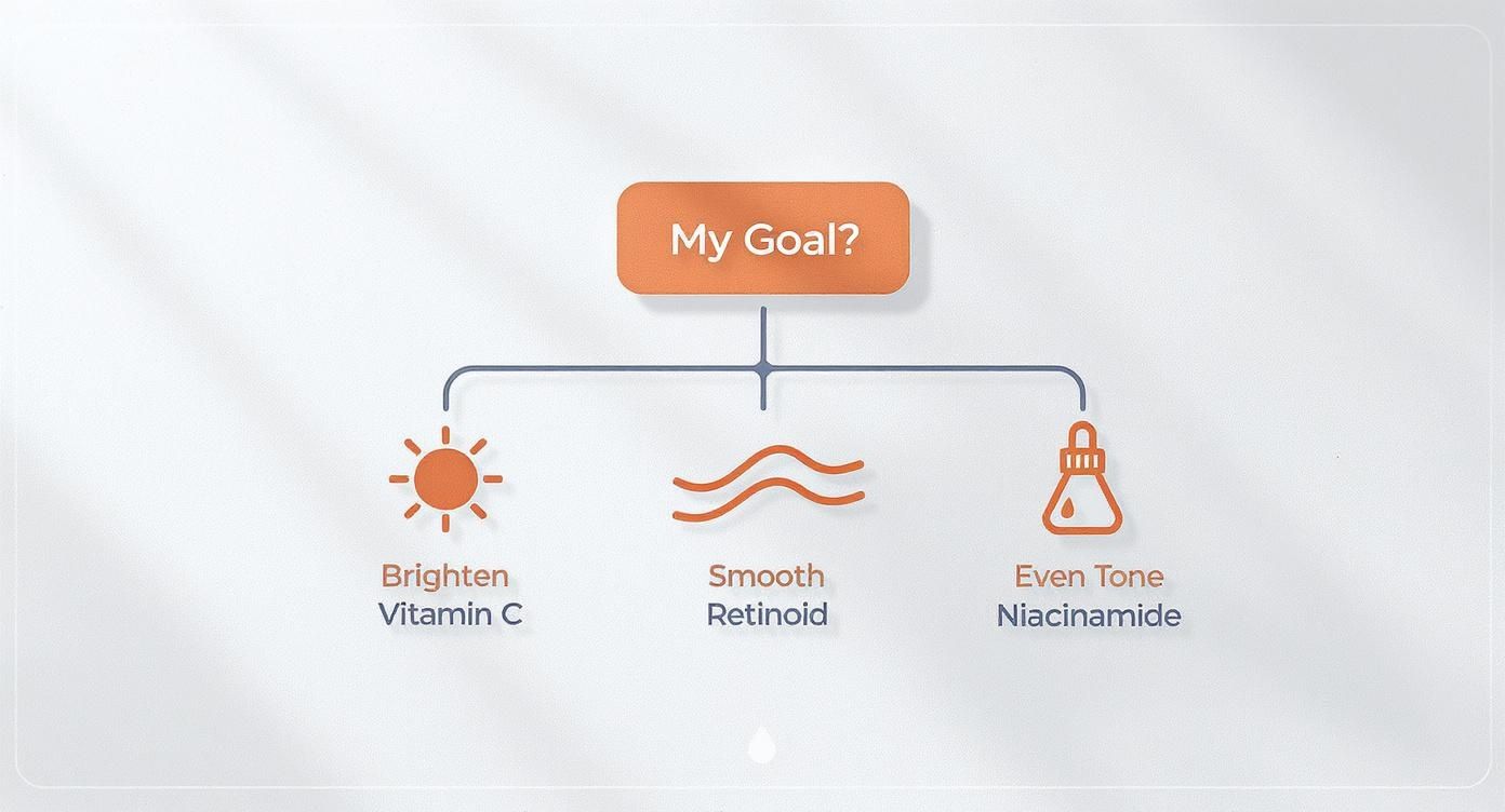 Skincare goals flowchart showing three treatment options: Vitamin C for brightening, Retinoid for smoothing, and Niacinamide for even tone