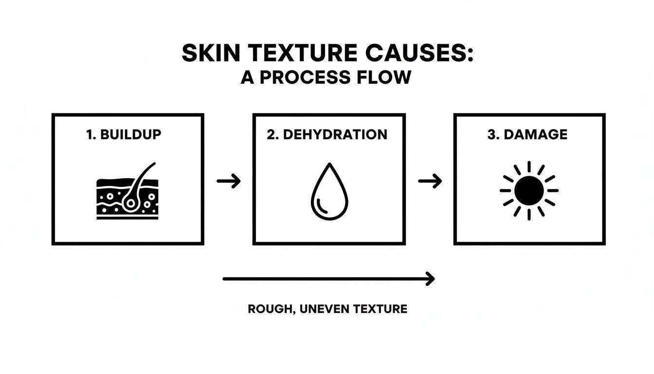 A process flow chart illustrating the causes of rough, uneven skin texture: buildup, dehydration, and damage.