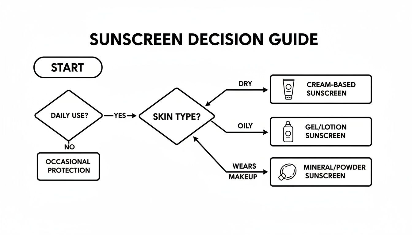 A flowchart titled 'Sunscreen Decision Guide' helps select sunscreen based on daily use, skin type, and makeup.