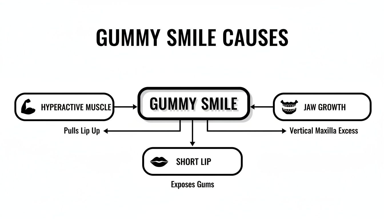 A diagram illustrating the causes of a gummy smile, including hyperactive muscles, jaw growth, and short lips.