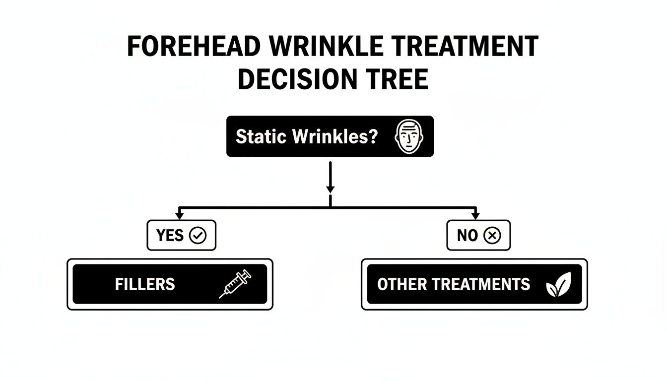 A decision tree diagram illustrating forehead wrinkle treatment options, based on whether wrinkles are static or not.